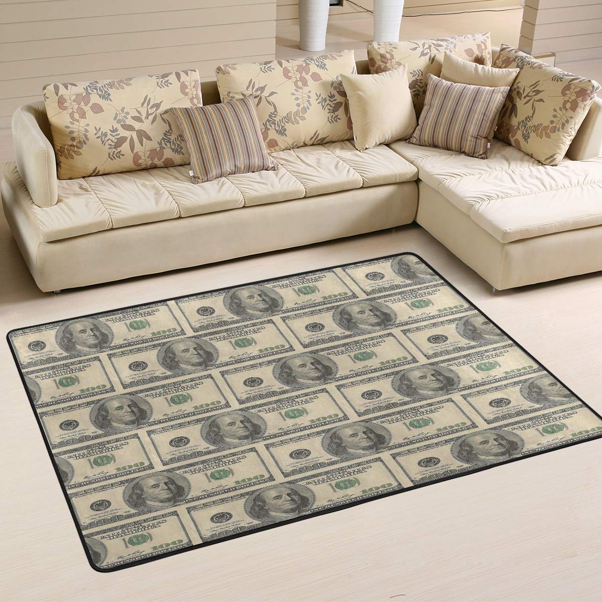ALAZA Vintage Dollar Money Print Area Rug 3'x2' - Soft Non-Slip Rug for Living Room, Bedroom, Dorm & Office Decor - Perfect for Boho, Retro & Money Themed Interior Design
