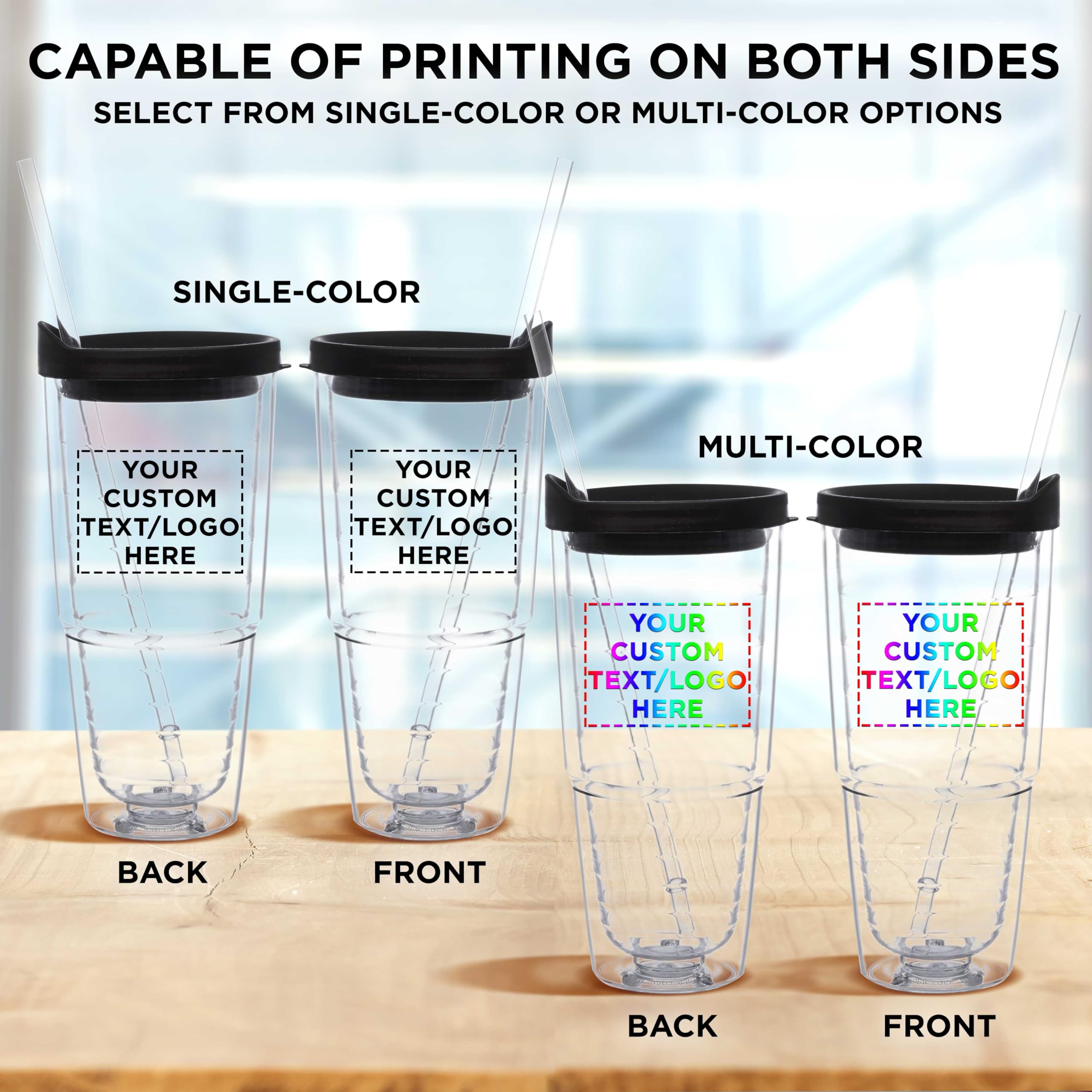 Custom 24 oz Double Wall Acrylic Tumblers with Straw - Set of 10 Personalized Drinkware for Hot & Cold Beverages - Bulk Pack Promotional Items - Perfect for Restaurants, Cafes, Events and Corporate Gifts - Black