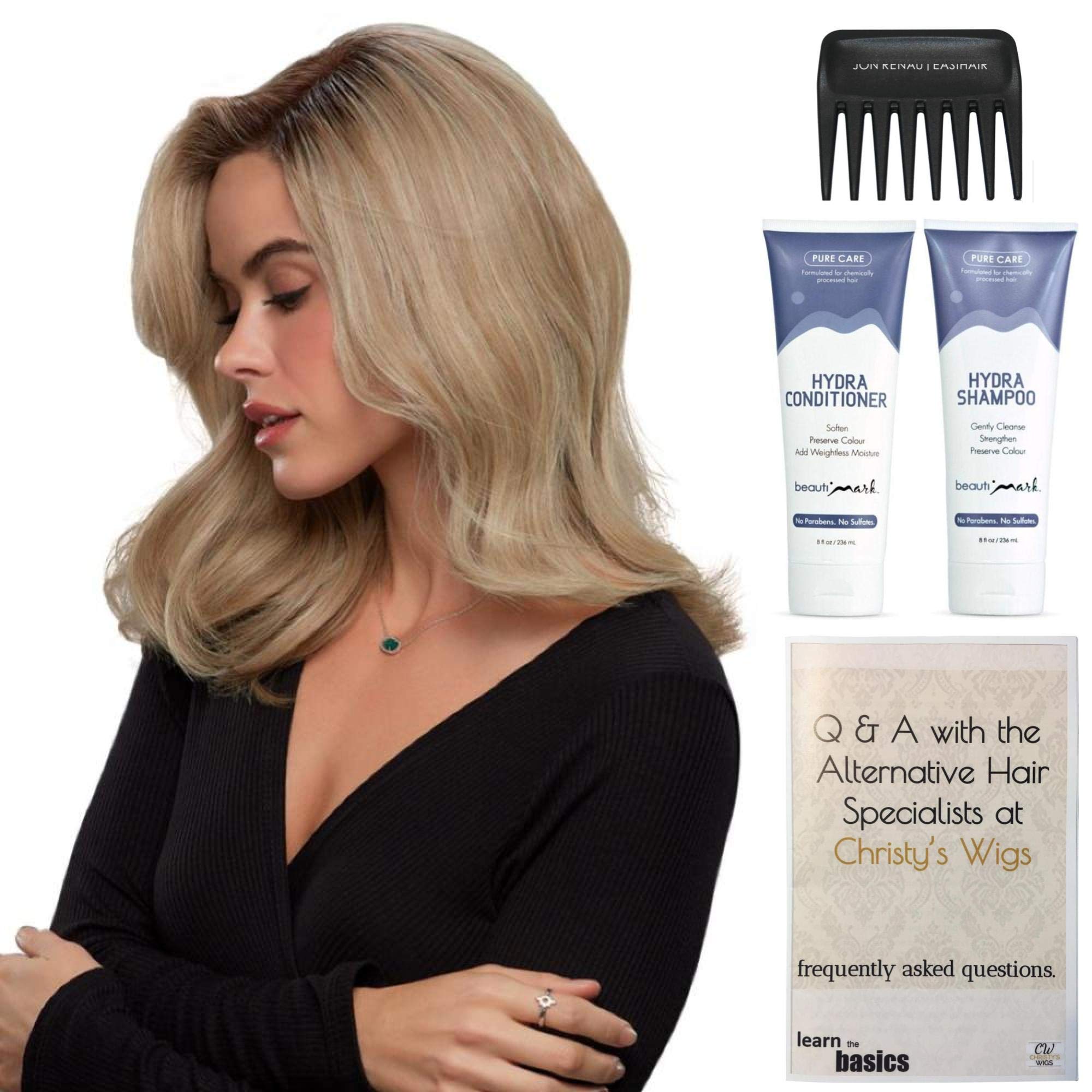 Jon Renau Sienna Exclusive Remy Human Hair Wig Bundle - 5 Items Including Christy's Wigs Q&A Booklet, BeautiMark Hydra Shampoo & Conditioner, Wide Tooth Comb - Color 12FS12 - Perfect for Daily Wear, Cosplay & Hair Loss Solutions