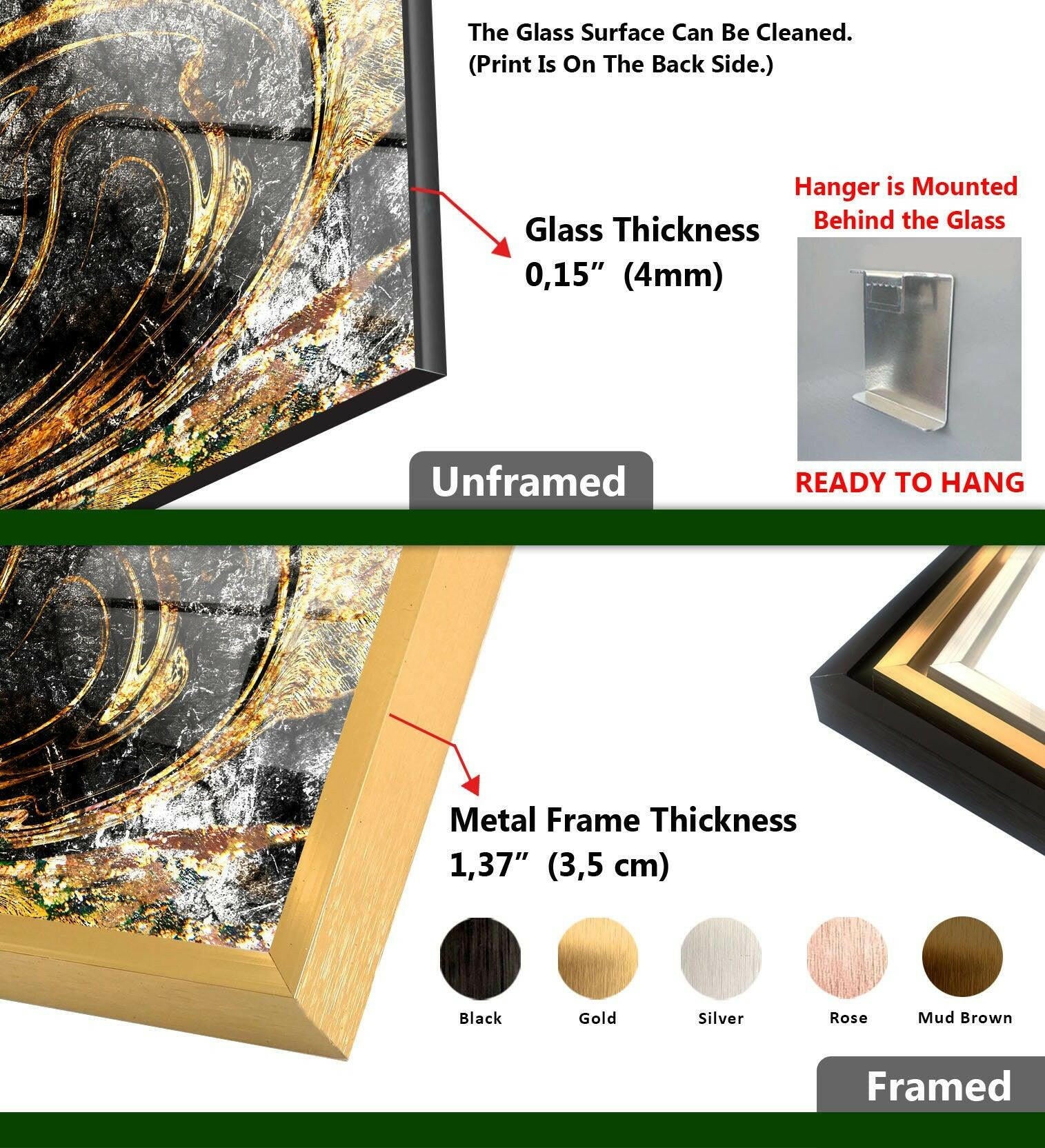 Elegant Black and Gold Marbled Glass Wall Art - Modern Home Decor for Living Room, Bedroom & Office