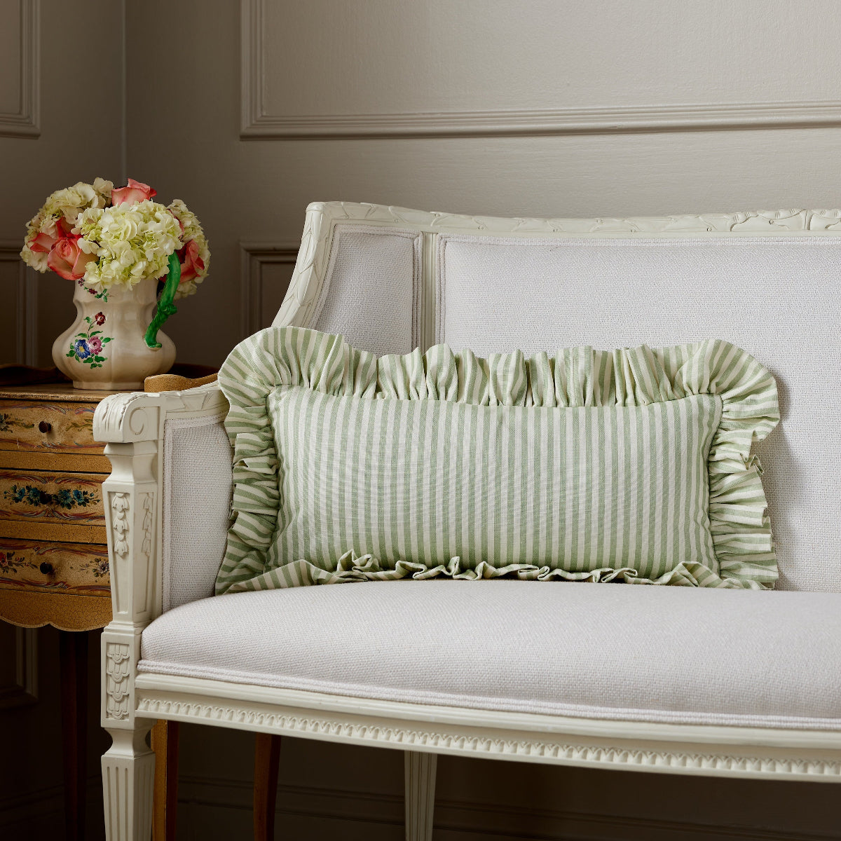 Palm Green Carolina Stripe Frill Pillow Cover - Decorative Throw Pillow Case for Sofa, Bed & Home Decor