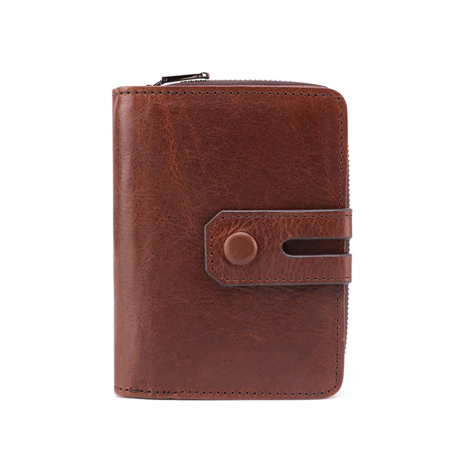 Premium Genuine Leather Men's Wallet with Zipper - Cowhide RFID Blocking Bifold Wallet with Coin Pocket (Brown, 12.5x9.5cm) - Ideal for Everyday Use, Travel & Business Gifts
