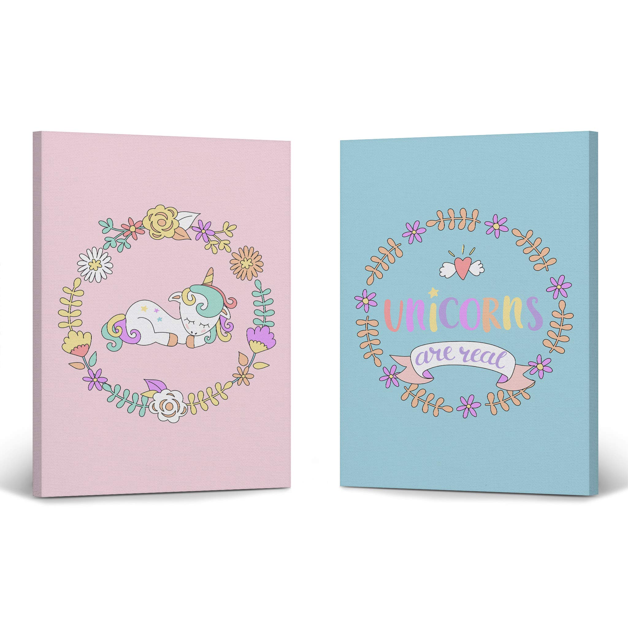 Handmade in USA Cute Unicorn Wall Art Set - 2 Panel Canvas Prints (40x30 inches) for Kids Room, Nursery & Baby Room Decor | Pink & Blue Background Unicorn Gift | Perfect for Birthday Presents & Children's Bedroom Decoration