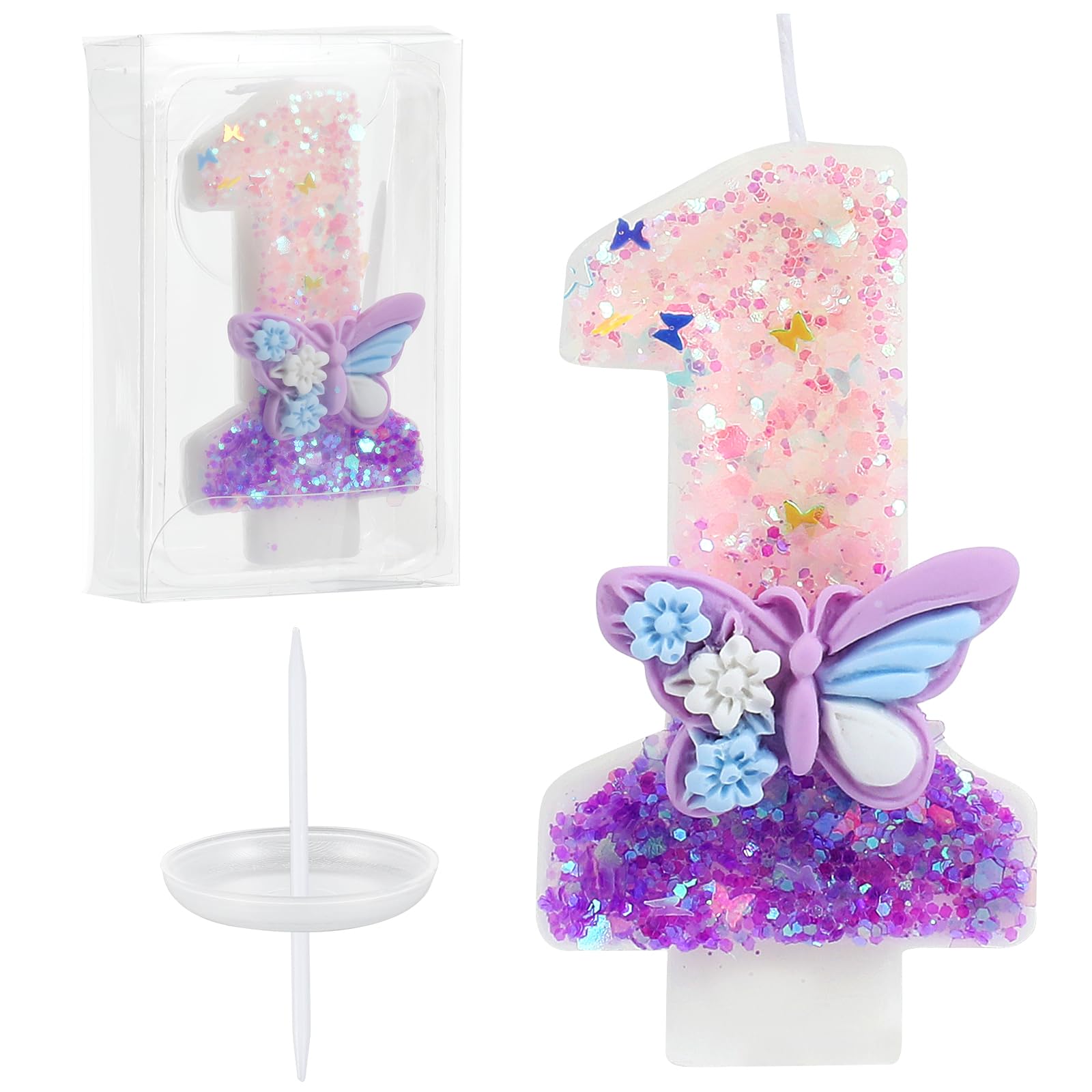 Pink & Purple Butterfly Glitter Number 1 Birthday Candles - Sparkling Cake Topper with Sequins for Girls & Women | Anniversary, Birthday Party Decorations & Cake Decorating Supplies