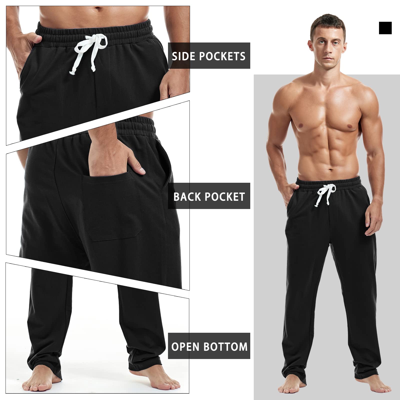 AMY COULEE Men's Cotton Athletic Pants - Open Bottom Running Sweatpants, Straight Leg Casual Joggers with Pockets for Gym, Workout & Lounge Wear
