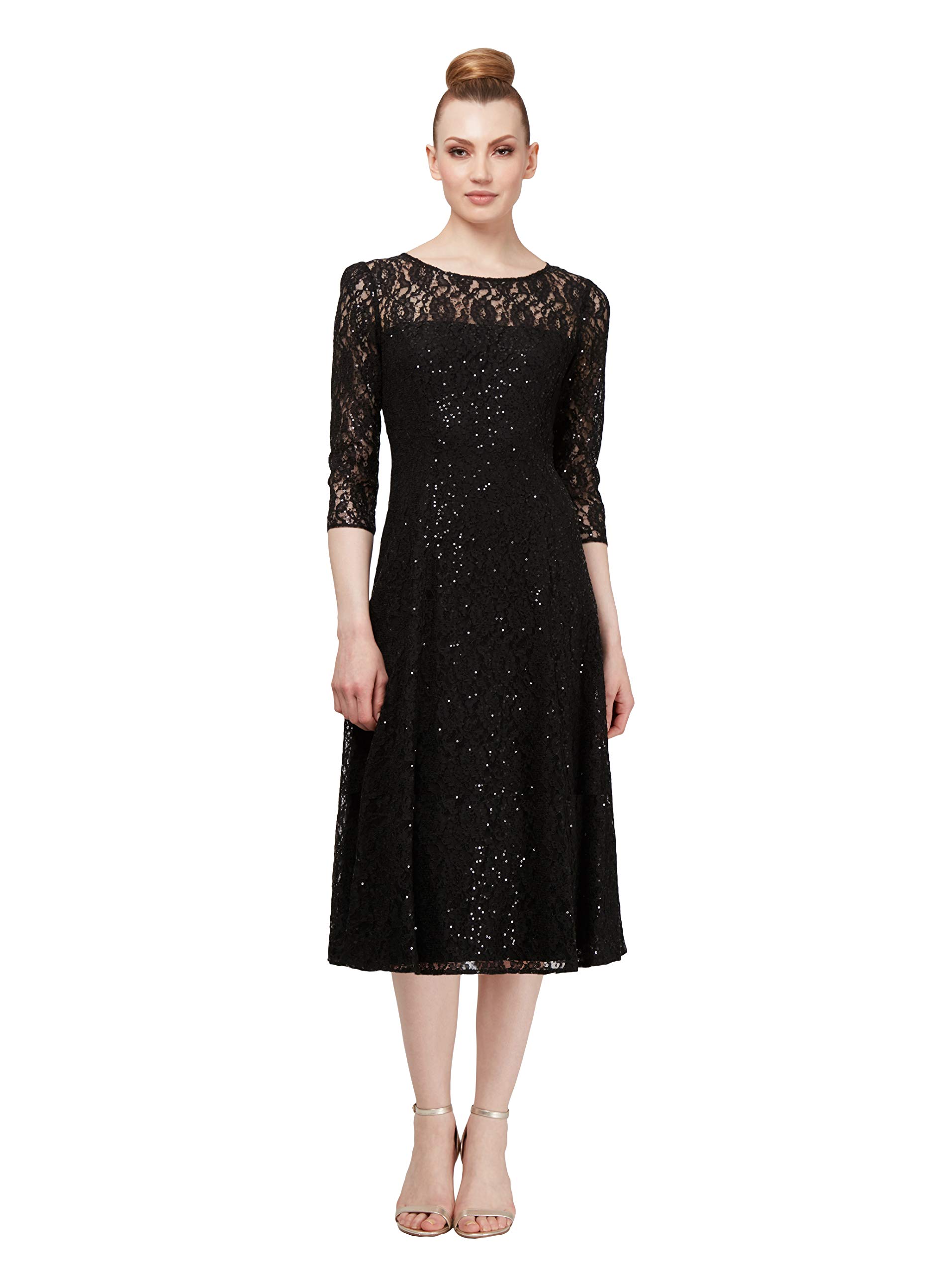 S.L. Fashions Women's Midi Sequin Lace Fit & Flare Party Dress for Cocktail, Wedding & Special Occasions (Missy Petite Size)