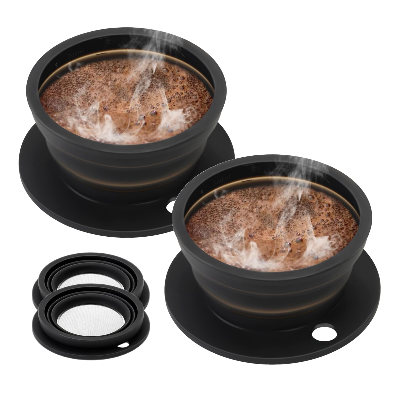 2-Pack Collapsible Pour Over Coffee Dripper - Portable Travel Coffee Maker for Camping & Hiking - Compact 1-Cup Coffee Brewer - Perfect for Outdoor Adventures, Office Use & Home Brewing - Black