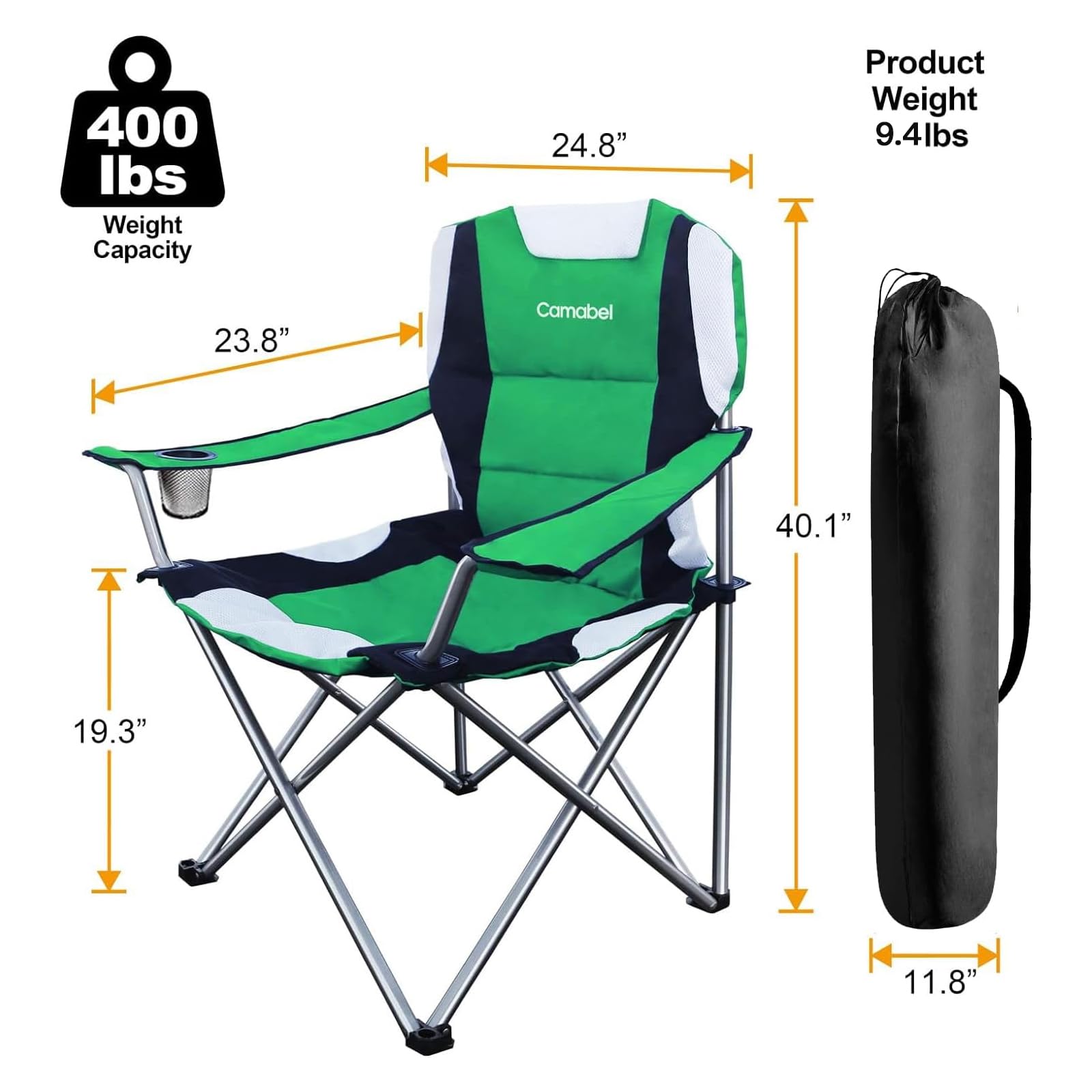 Camabel Heavy Duty Folding Camping Chair - 400lbs Capacity, Extra Large Padded Outdoor Lawn Chair for Beach, Hiking, Fishing, BBQ & Sports Events - Lightweight Portable with Storage Bag & Cup Holder (Green) - Perfect for Backyard, Picnics, Tailgating & Camping