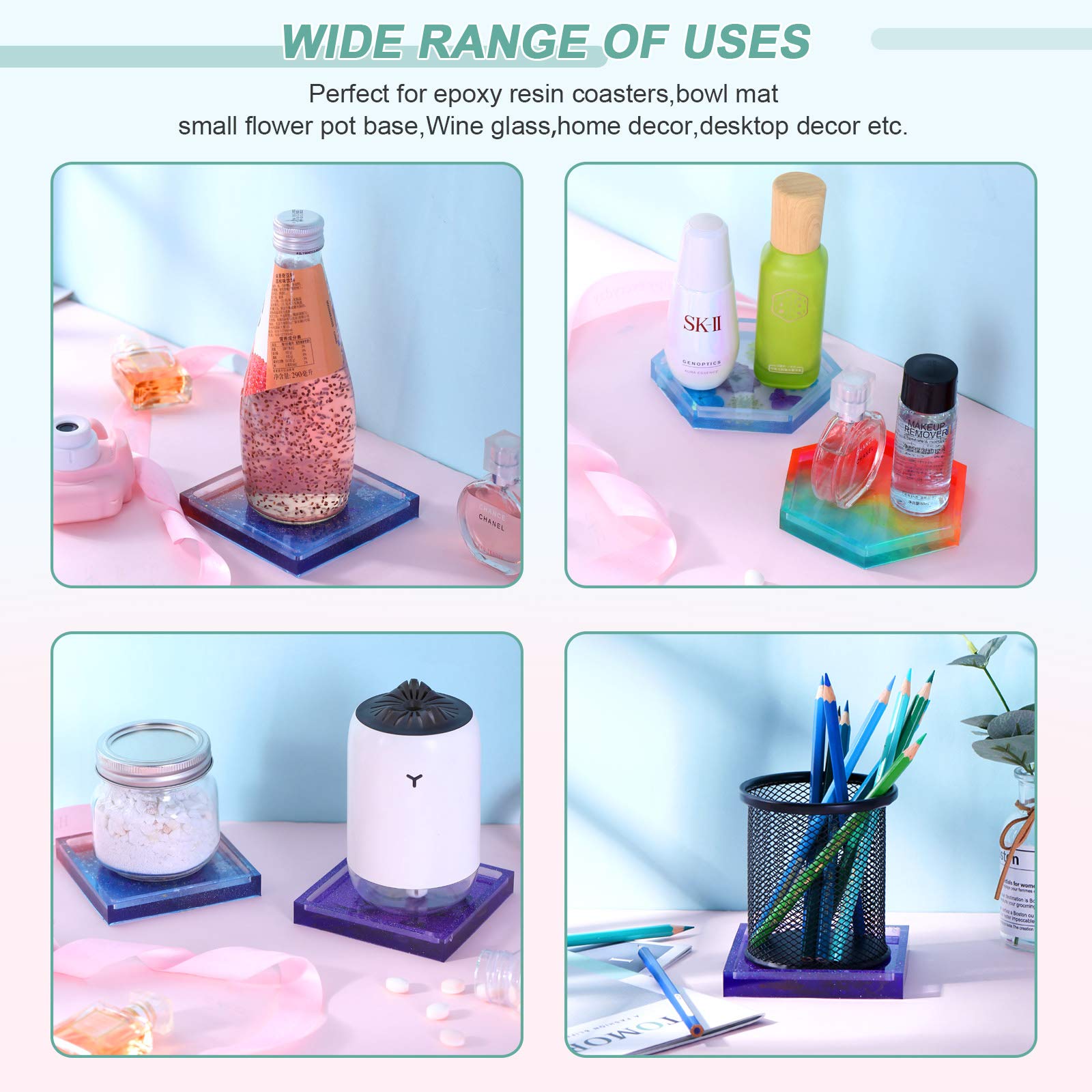 8Pcs Resin Coaster Molds Set - 4 Square & 4 Hexagon Epoxy Silicone Molds for DIY Resin Casting - Perfect for Handmade Coasters, Home Decor, and Unique Gifts (Great for Parties, Weddings & Housewarming)