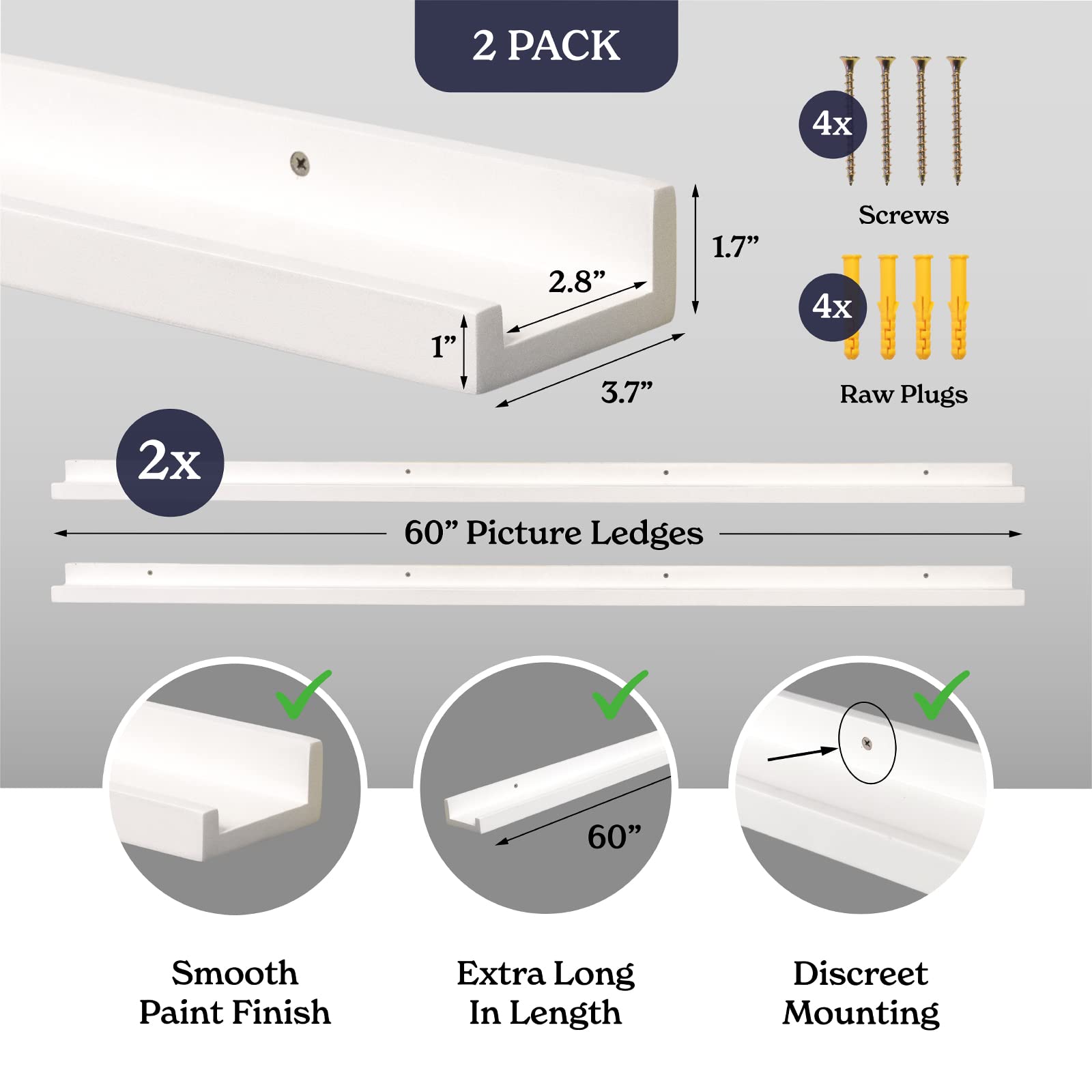 White 60 Inch Floating Picture Ledge Shelf (2 Pack) - Narrow Wooden Wall Shelf with Lip for Photos, Toys, Action Figures, Makeup & Jewelry Display - Perfect for Nursery, Bedroom & Home Decor