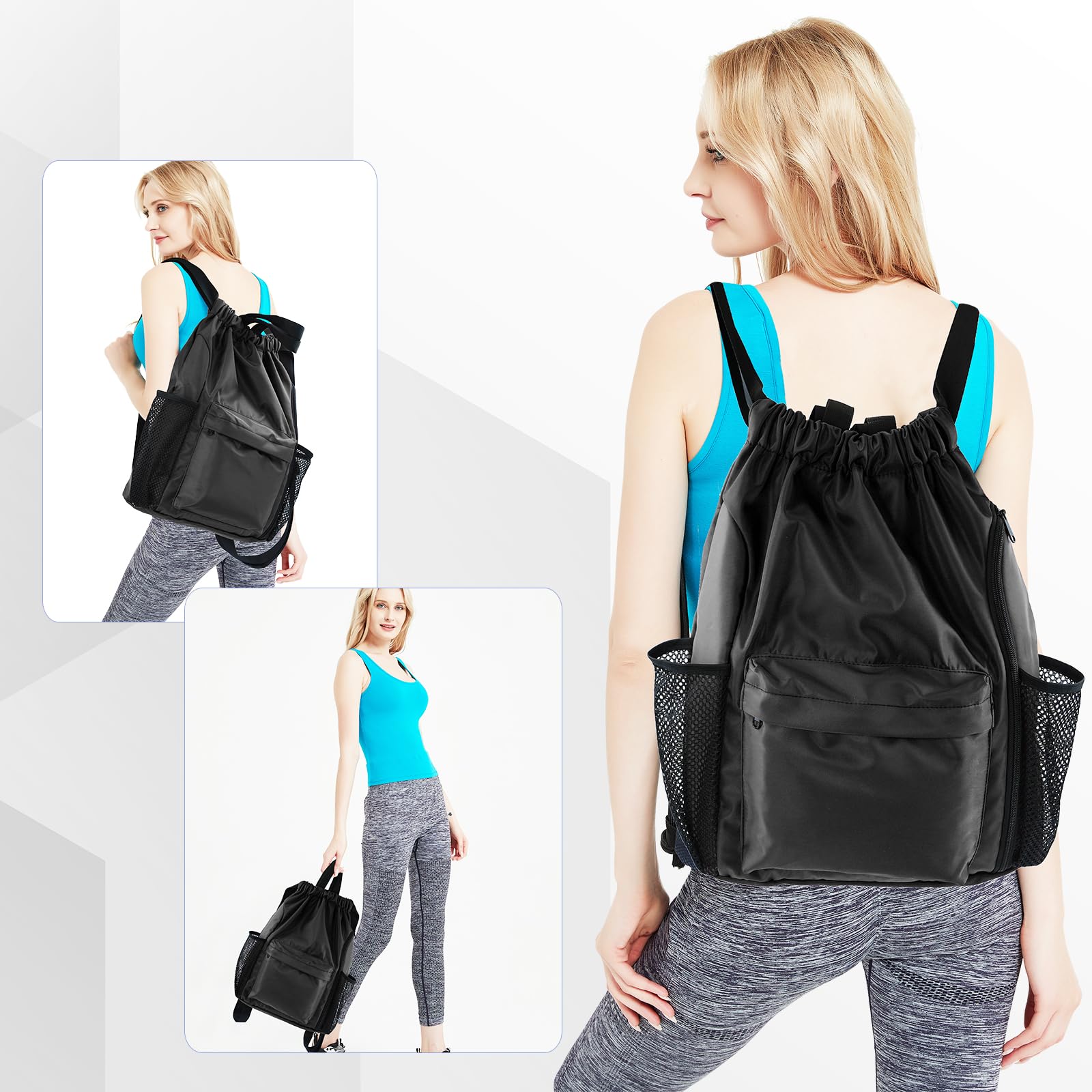 BeeGreen Drawstring Backpack - Lightweight Sports Gym Bag with Shoe Compartment & Dual Water Bottle Pockets | Perfect for Workout, Travel, School & Outdoor Activities