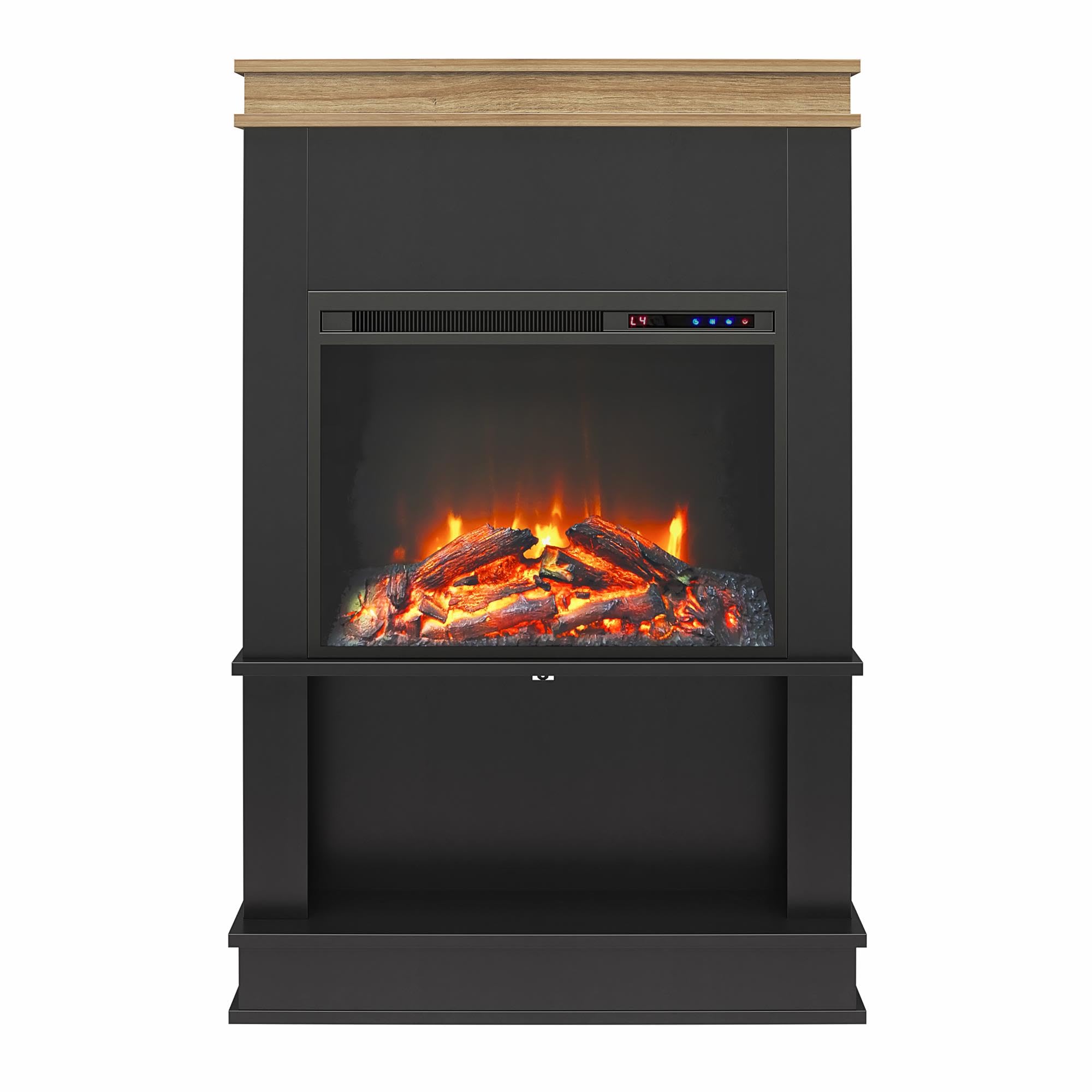 Ameriwood Home Mateo 30 Inch Electric Fireplace with Mantel Shelf - Freestanding Fireplace Heater with Remote, Timer & Realistic Flame Effects - Black - Perfect for Living Room, Bedroom & Office Warming Decor