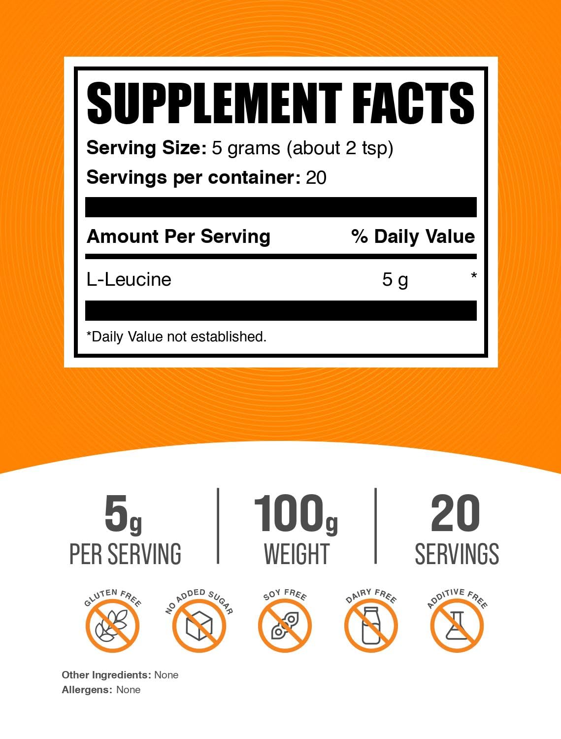BulkSupplements.com L-Leucine Powder - Pure Unflavored Amino Acid Supplement for Muscle Recovery & BCAA Support - 5g per Serving, 100g (3.5 oz) - Ideal for Post-Workout, Bodybuilding & Fitness Enthusiasts