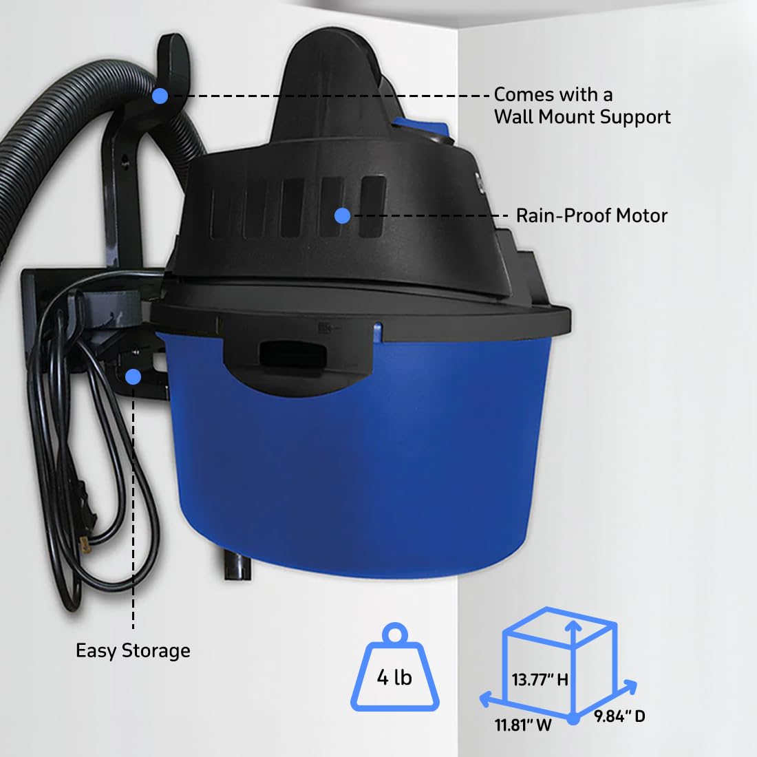 Koblenz WD-2.5L Portable Wet Dry Vacuum Cleaner - 2.5 Gallon Powerful Suction & Blower for Liquids, Dust, Pet Hair - 10ft Reach with Wall Mount & Accessories - Ideal for Car Cleaning, Home, Workshop & Garage (Blue/Black)