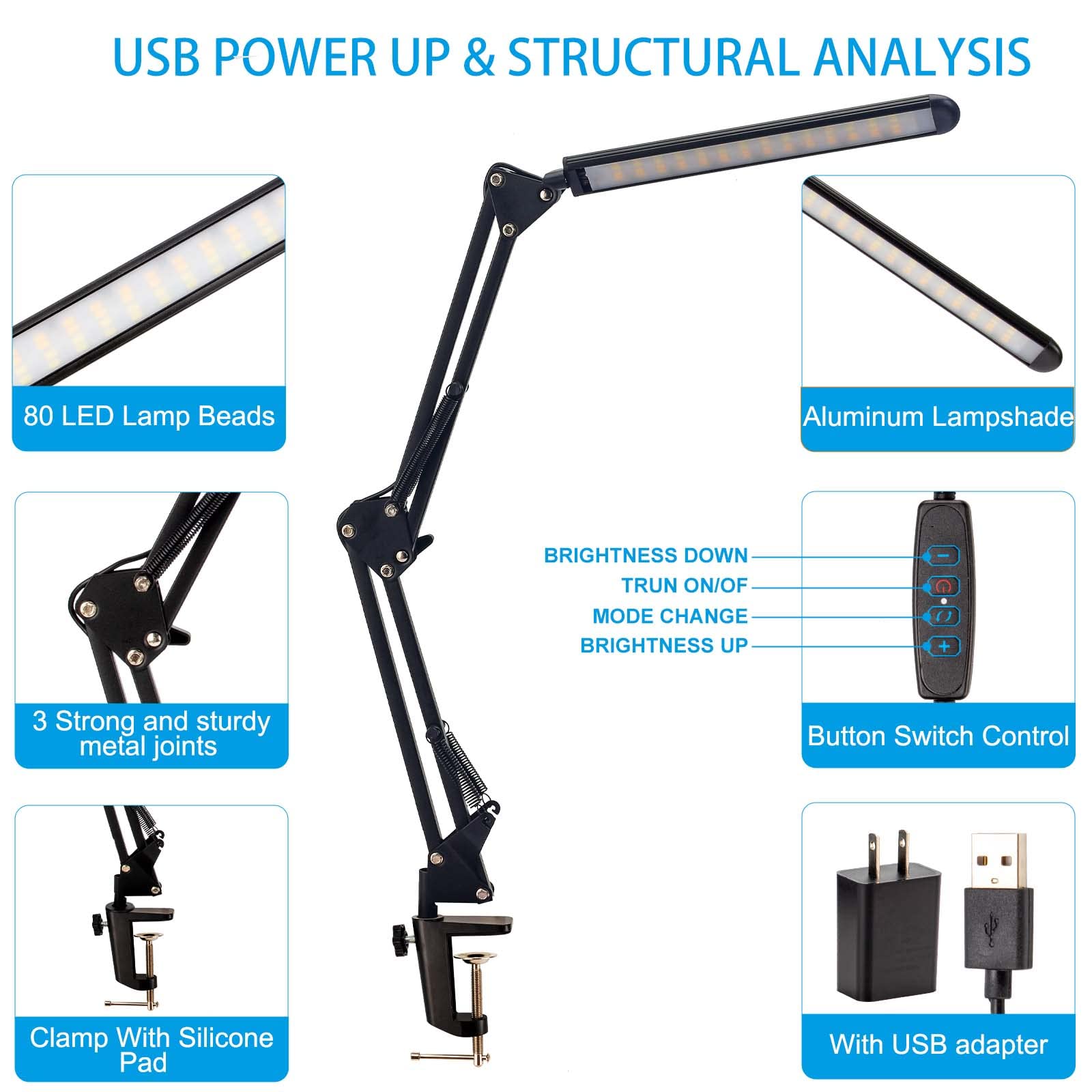 LED Desk Lamp with USB Port - Adjustable Swing Arm, 3 Color Modes & 9 Brightness Levels, Eye-Caring Dimmable Reading Light for Home Office, Study, and Workstation