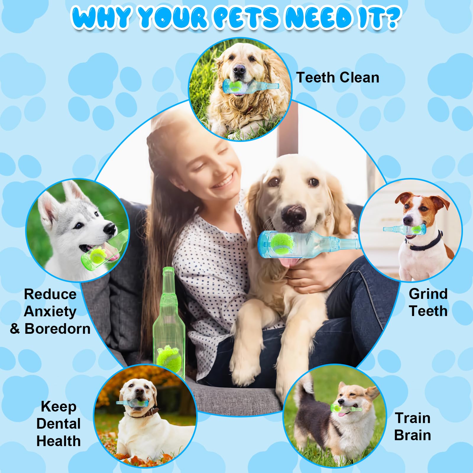Aerbee 2Pcs Squeaky Rubber Water Bottle Dog Toys with Tennis Ball - Interactive Chew Toys for Dental Health, Outdoor Play, and Training (Blue & Green) for Active Dogs