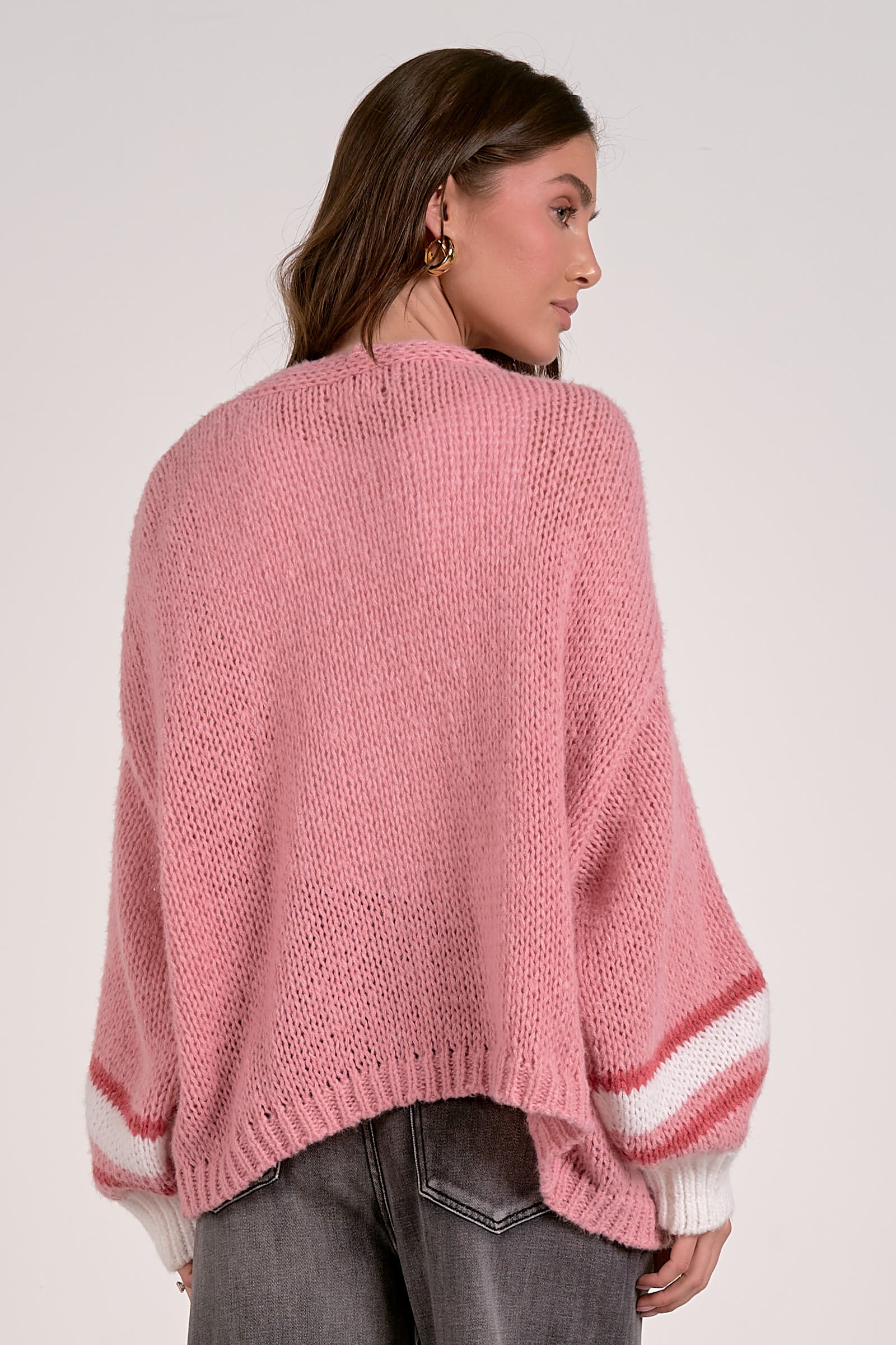 Women's Varsity Open Front Sweater Cardigan - Soft Pink Knit Long Sleeve Lightweight Pullover for Casual Outfits & Layering in Fall/Winter