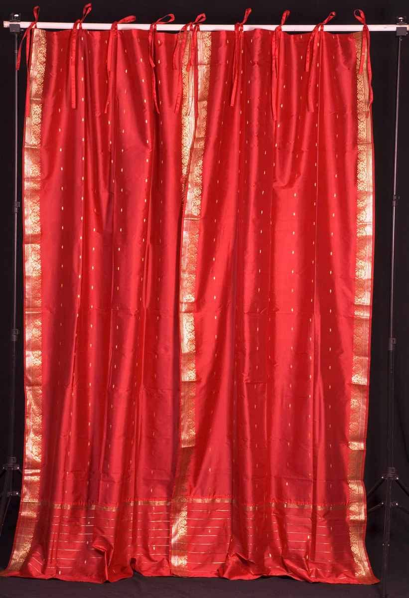 Indian Selections Lined-Fire Brick Tie Top Sheer Sari Curtain Drape - 43W x 63L Inches - Pair of Window Curtains for Living Room, Bedroom & Home Decor
