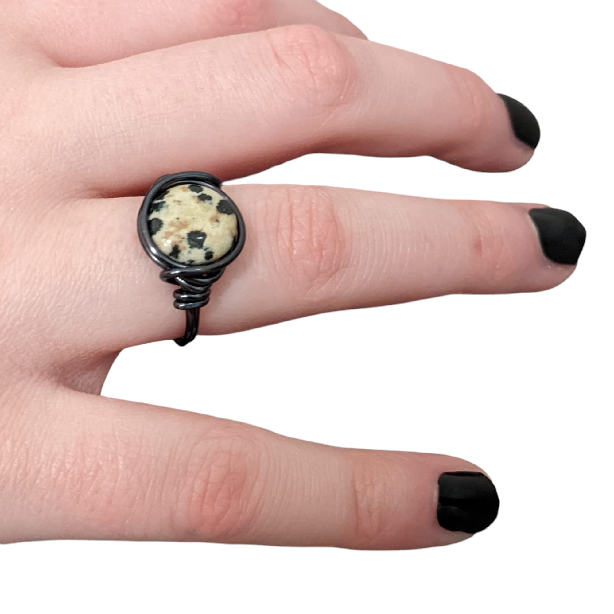 Dalmatian Jasper Ring - Cow Print Jewelry for Women, Silver Plated Wire Wrapped Spotted Rings, Boho Cowgirl Fashion Accessories (Size 6) - Perfect for Western Outfits, Music Festivals & Everyday Wear