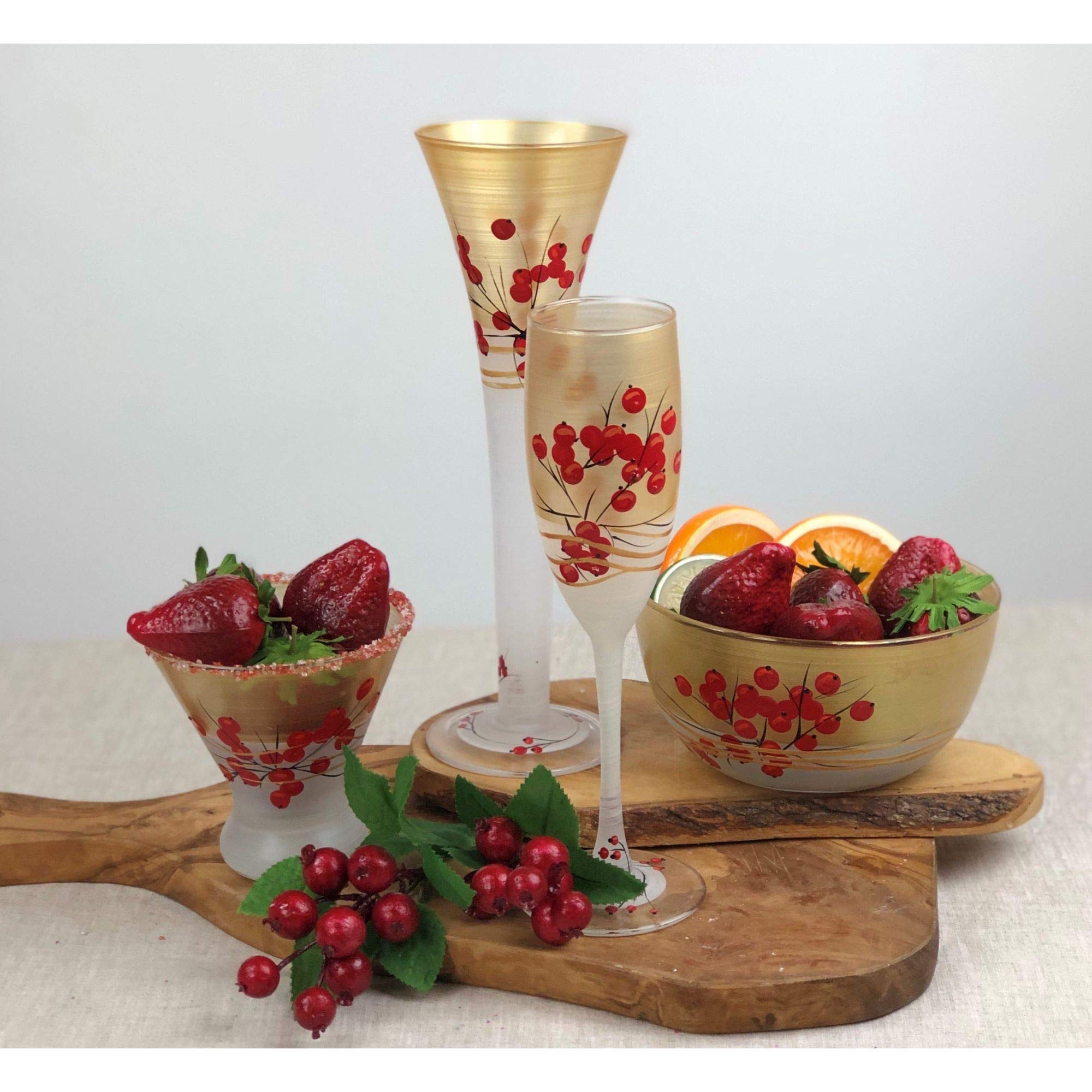 Set of 2 Hand-Painted Berries & Branches Champagne Flutes - 5.75 Oz Elegant Glassware for Wedding Toasts & Romantic Dinners