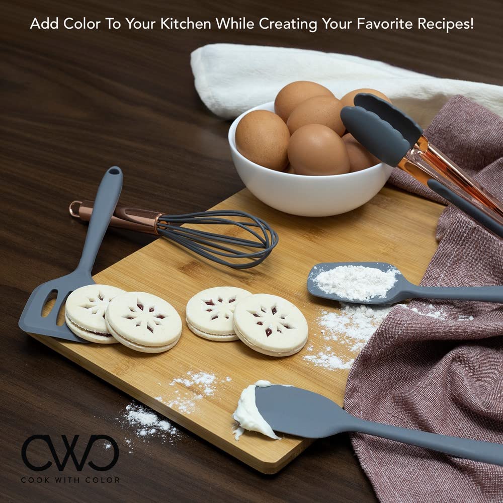 COOK WITH COLOR Silicone Cooking Utensils Set - Easy to Clean, Nonstick Kitchen Gadgets, Mini Gray Utensils for Baking, Frying, and Everyday Cooking