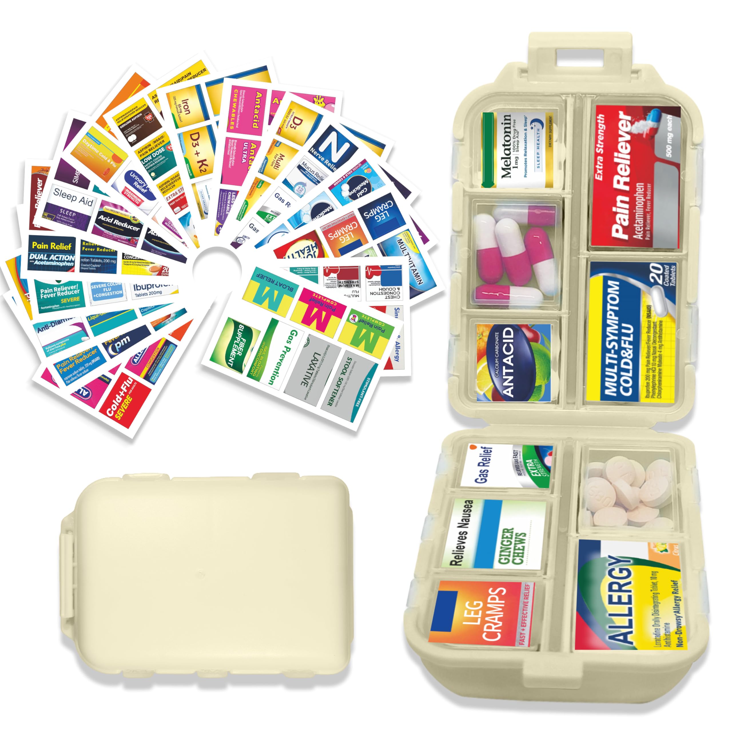 7-Day Pill Organizer with 146 Medicine Labels – Large Travel Pill Case for Daily Medication Storage (Beige, 1 Pack) | Perfect for Travel, Home Use & Weekly Medicine Management