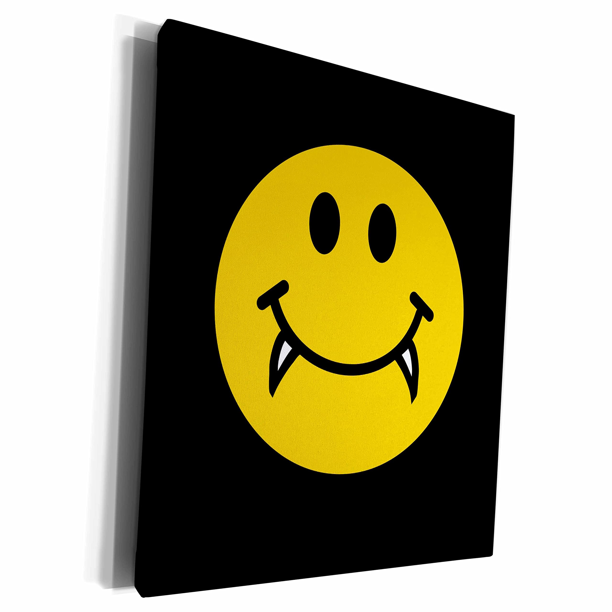 3dRose Museum Grade Canvas Wrap - Vampire Smiling Face with Fangs - Happy Yellow Cartoon Dracula Smile - Funny Humorous Black Smiley Face Collection - Perfect for Halloween Decor, Gothic Home Decor & Vampire Lover Gifts