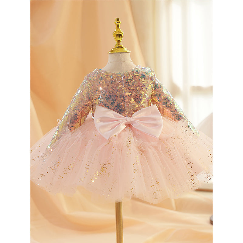 Elegant Pink Tulle & Sequined A-Line Flower Girl Dress with Long Sleeves - Perfect for Weddings, Pageants & Special Occasions
