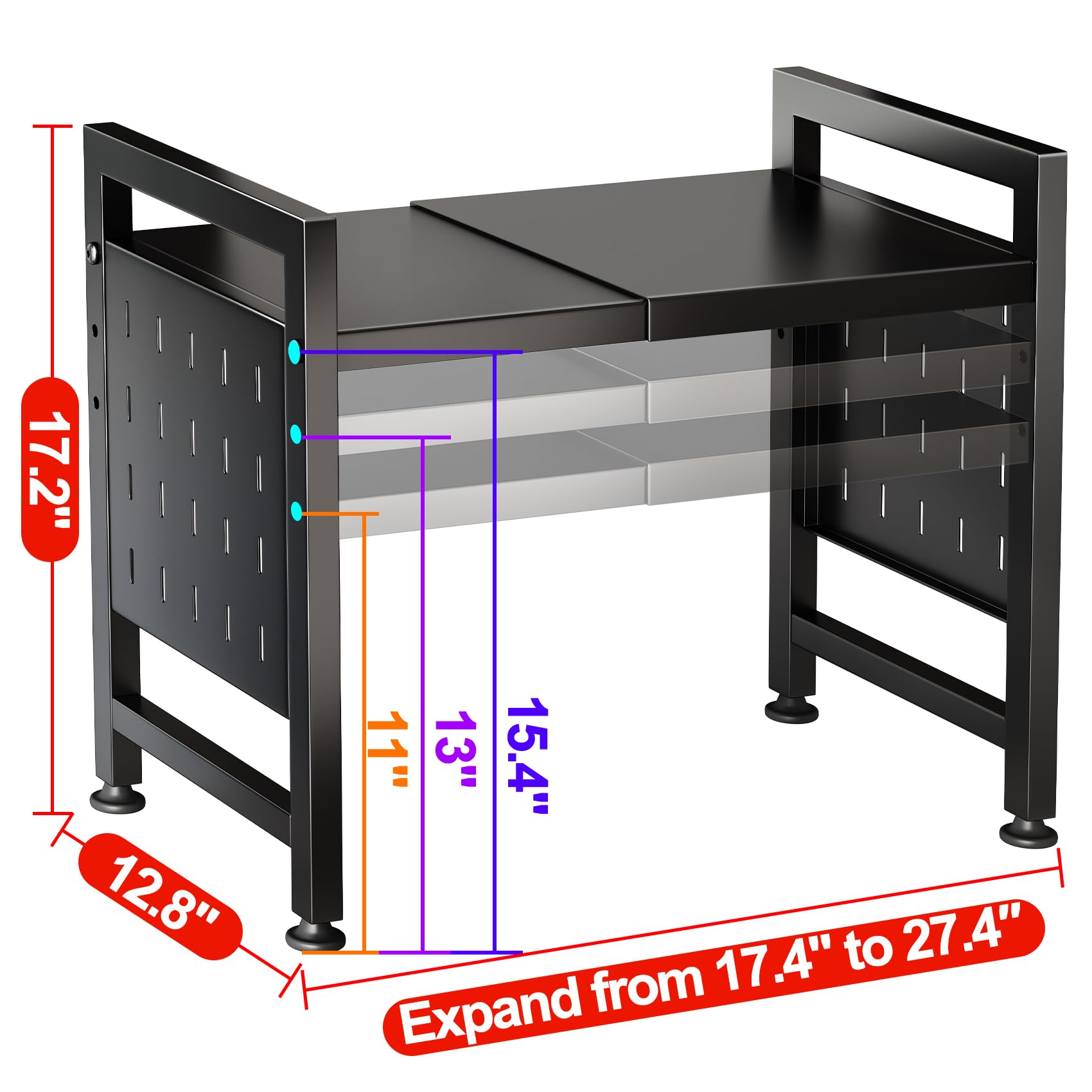 **Kitstorack Adjustable 2-Tier Microwave Oven Rack – Heavy Duty Kitchen Shelf with Cutting Boards & 9 Hooks – Countertop Organizer Holds 180lbs – Perfect for Small Kitchens & Space Saving**