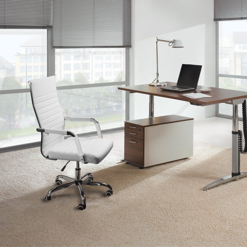 Furmax High Back PU Leather Office Chair - Adjustable Swivel Executive Conference Chair with Arms, Ergonomic Ribbed Design (White) - Perfect for Home Office, Conference Rooms & Workspaces