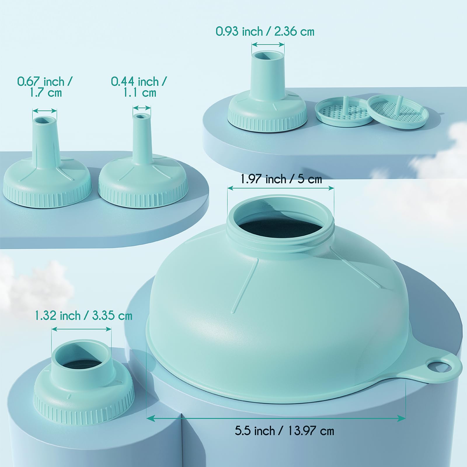 Wide Mouth Kitchen Funnel Set - 4 Size Food Grade Plastic Canning Funnels with 2 Strainers for Bottles, Jars & Bags (Teal) - Perfect for Home Canning, Cooking Oil Transfer & DIY Projects