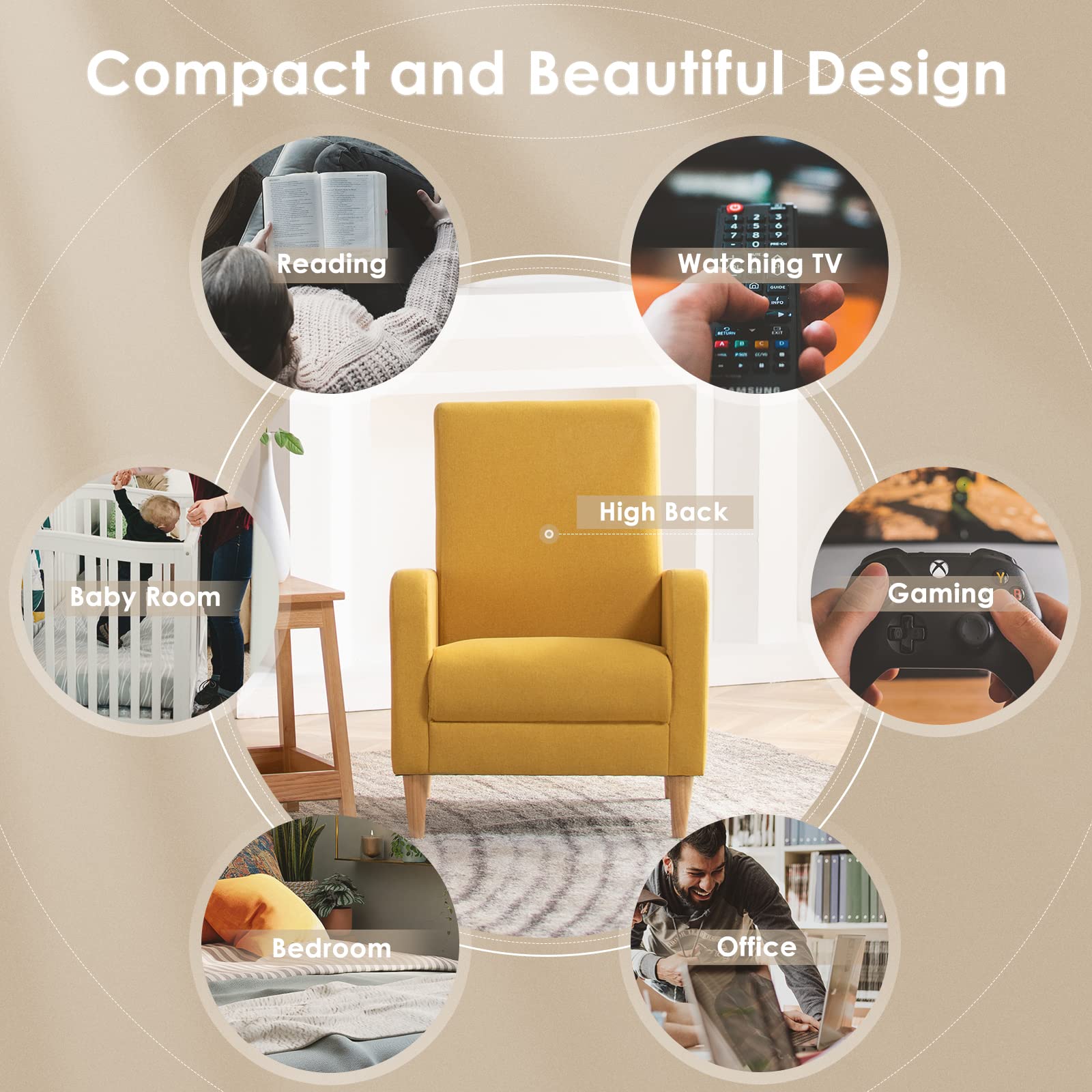 COLAMY 2-Piece Fabric Accent Chair Set - Upholstered Armchair & Side Chair with Back Pillow & Wooden Legs for Living Room, Bedroom, Reading Nook - Yellow Modern Home Decor