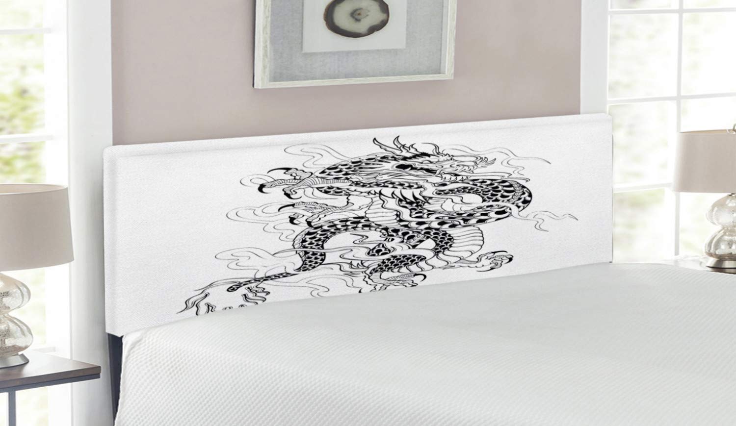 Ambesonne Japanese Dragon Headboard - Sketch Art Style Mighty Claw Monster Tattoo Design, Upholstered Decorative Metal Bed Frame with Memory Foam - Queen Size White & Black - Perfect for Asian-Themed Bedrooms, Anime Lovers & Home Decor Enthusiasts