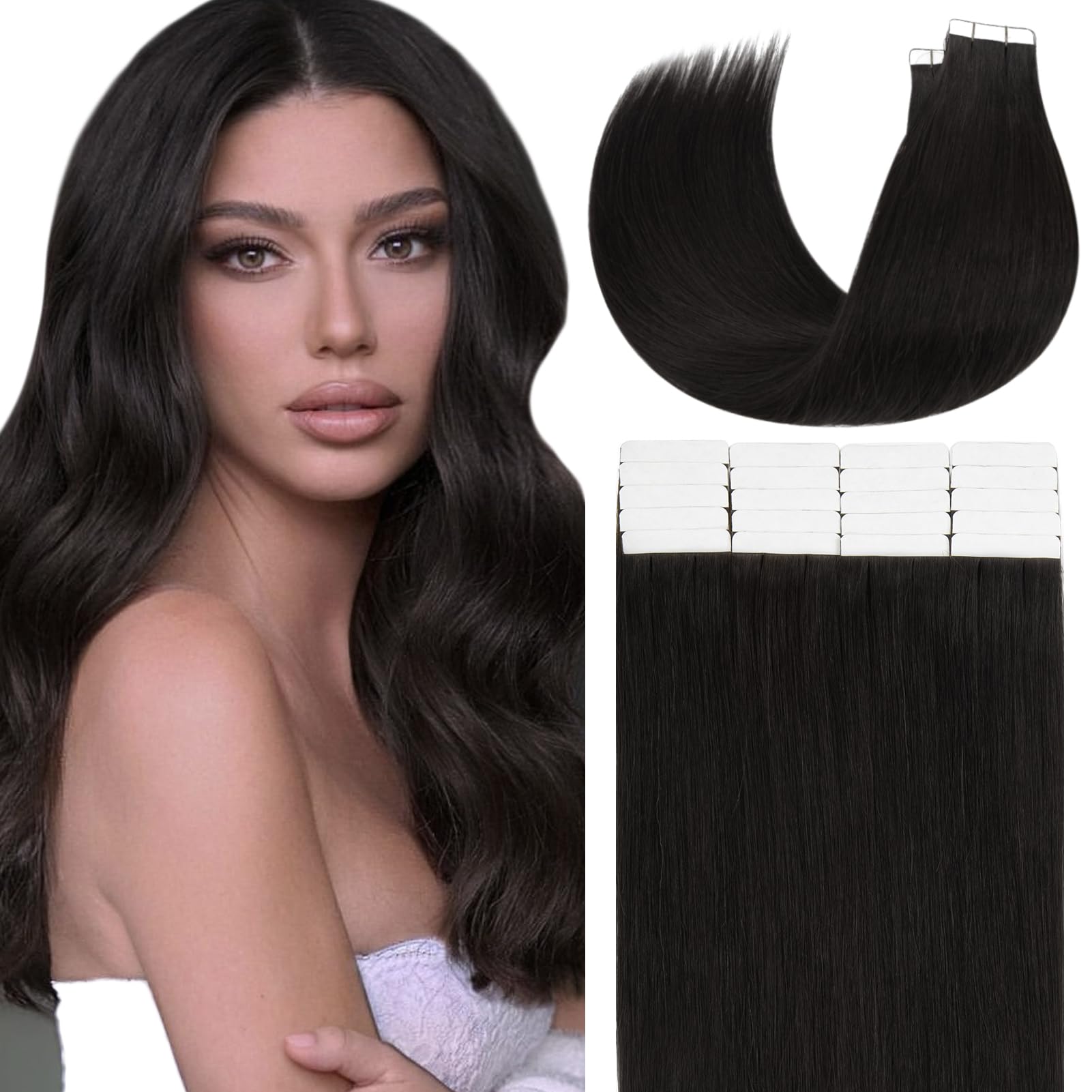 Loxxy Remy Human Hair Tape-In Extensions Double-Sided Seamless Skin Weft - #1B Natural Black (20pcs, 50g, 16inch) for Everyday Styling, Volume Boost & Special Occasions