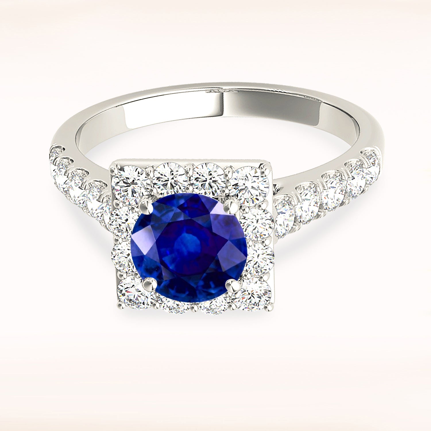 1.35 Carat Genuine Round Blue Sapphire Square Halo Ring - Elegant Engagement, Wedding, Anniversary Jewelry Gift for Her