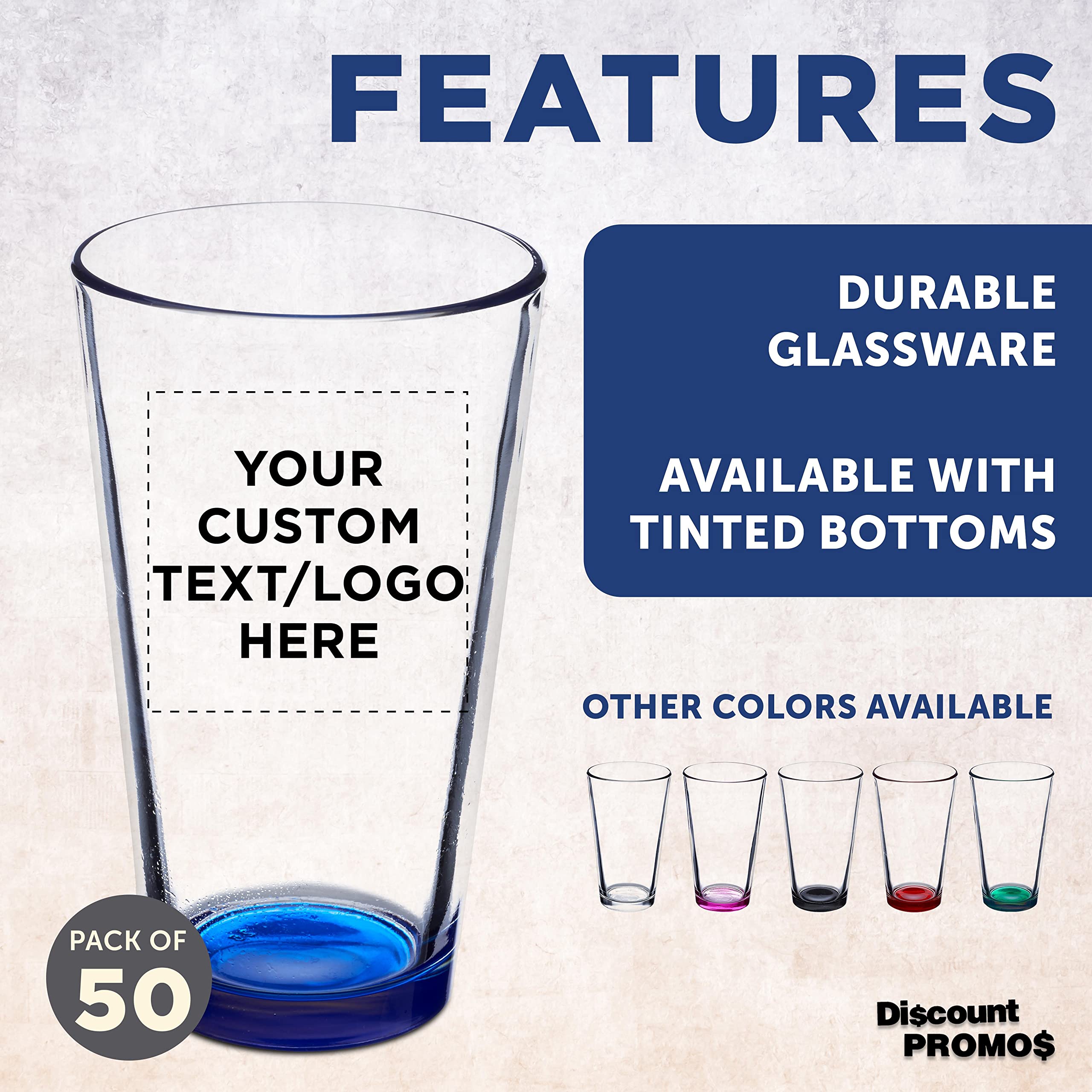 Custom Beer Pint Glasses 16 oz - Set of 50 Bulk Pack | Personalized Bar & Restaurant Glassware with Thick Base & Walls | Durable, Stackable Drinking Glasses for Pubs, Parties & Events (Blue)