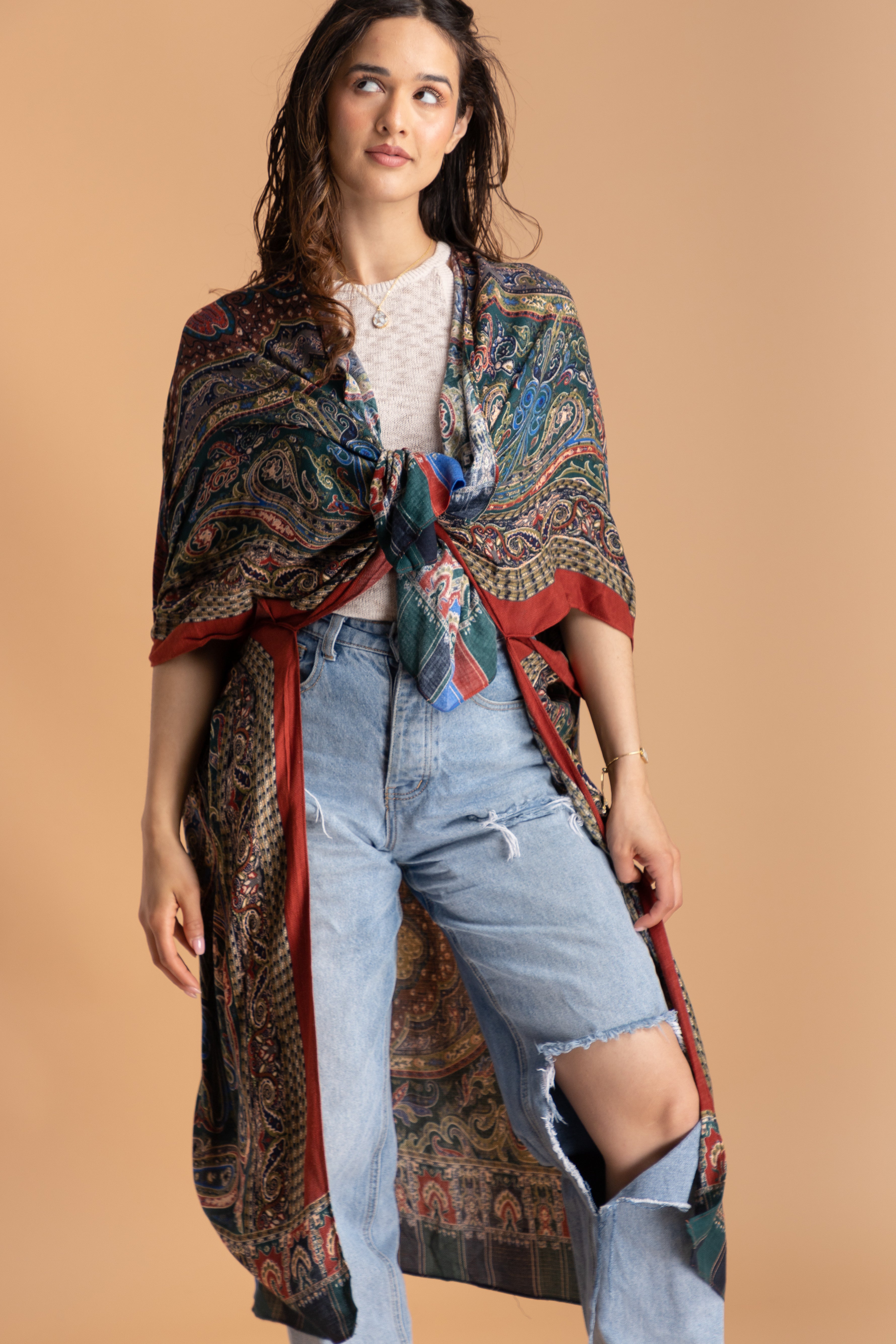 Bohemian Paisley Print High Low Kimono - Flowy Long Sleeve Open Front Cover Up for Women - Perfect for Beach, Festival & Lounge Wear