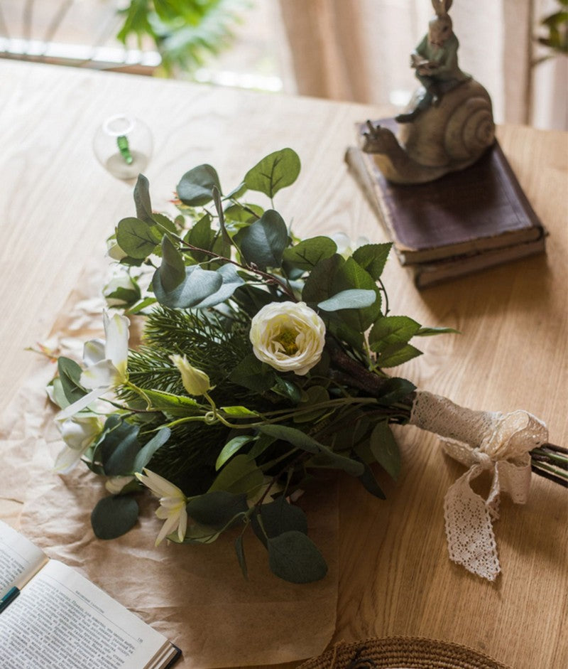 Eucalyptus Globulus, Clematis & White Rose Artificial Flower Arrangement - Modern Home Decor for Dining Table, Living Room & Wedding Centerpieces