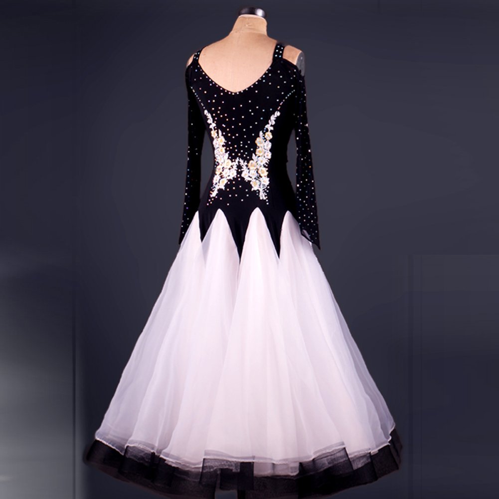 Elegant Women's Modern Waltz Tango Smooth Ballroom Dance Dress - Standard Competition Ballroom Gown (Size S) Black & White - Perfect for Dance Competitions, Performances & Social Dancing Events