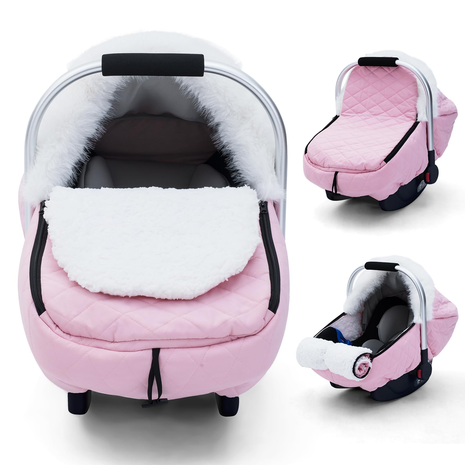 **Winter Baby Car Seat Cover - Sherpa Lined Infant Car Seat Protector for Cold Wind & Snow - Spacious Warm & Snug Canopy Cover for Boys & Girls (Pink) - Perfect for Strollers, Travel & Outdoor Adventures**