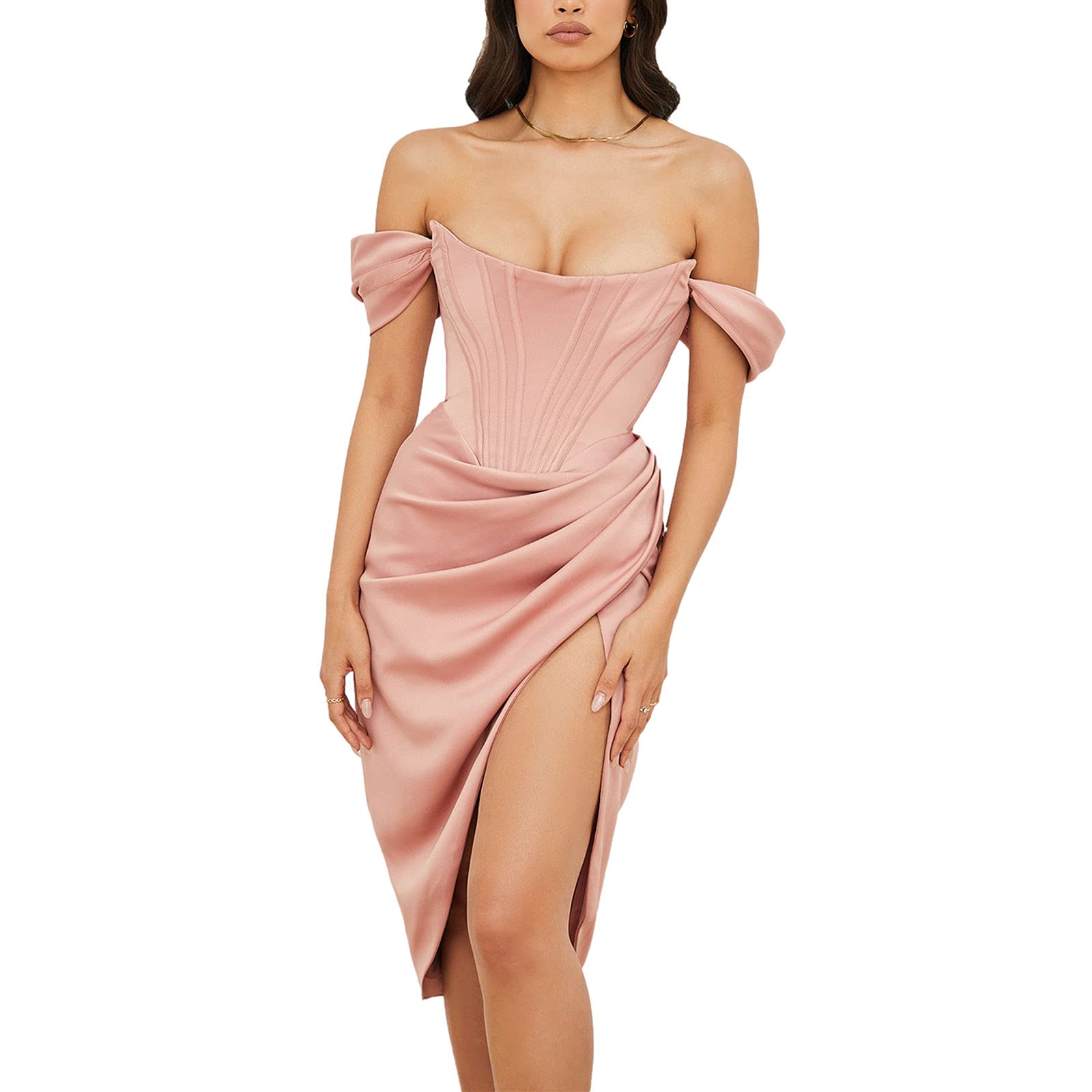 Sexy Off Shoulder Strapless Bodycon Dress for Women - High Waist Midi Dress with Thigh Split, Corset Satin Cocktail Party Dress | Perfect for Clubwear, Night Out, Date Night and Special Occasions