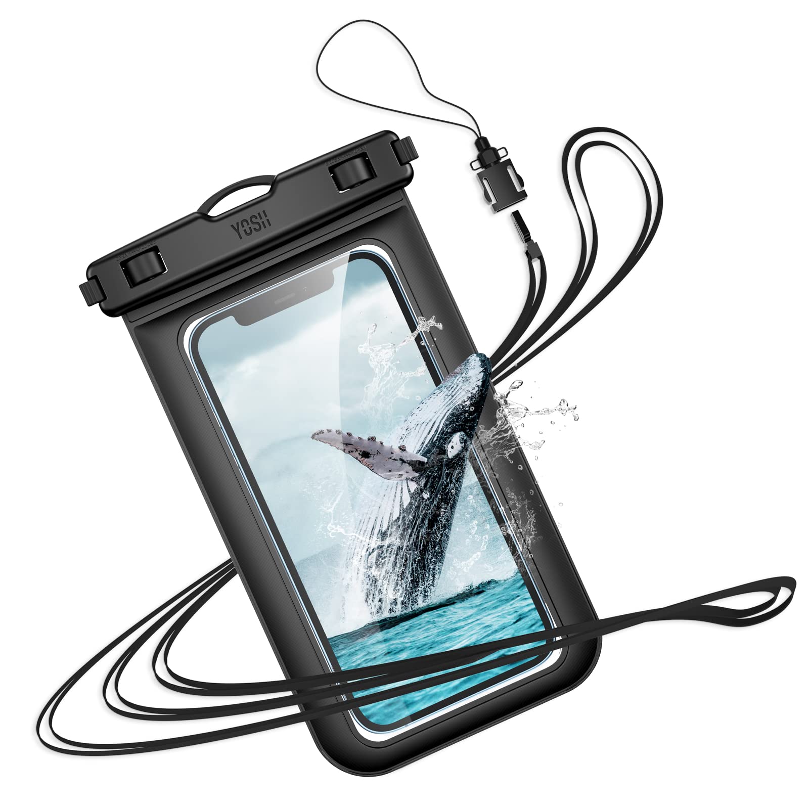YOSH IPX8 Waterproof Phone Case for iPhone 16/15/14/13/12/11 Pro Max/XS/XR/X/SE & Samsung S24/S23/S22/A15/A55 & Xiaomi Redmi - Universal Waterproof Pouch up to 6.8 Inches - Perfect for Swimming, Beach, Kayaking & Outdoor Activities - Black