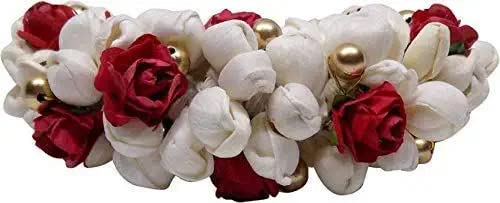 INDVIK Artificial Flower Hair Gajra for Women - Red & White Floral Hair Accessory for Weddings, Parties & Indian Traditional Events