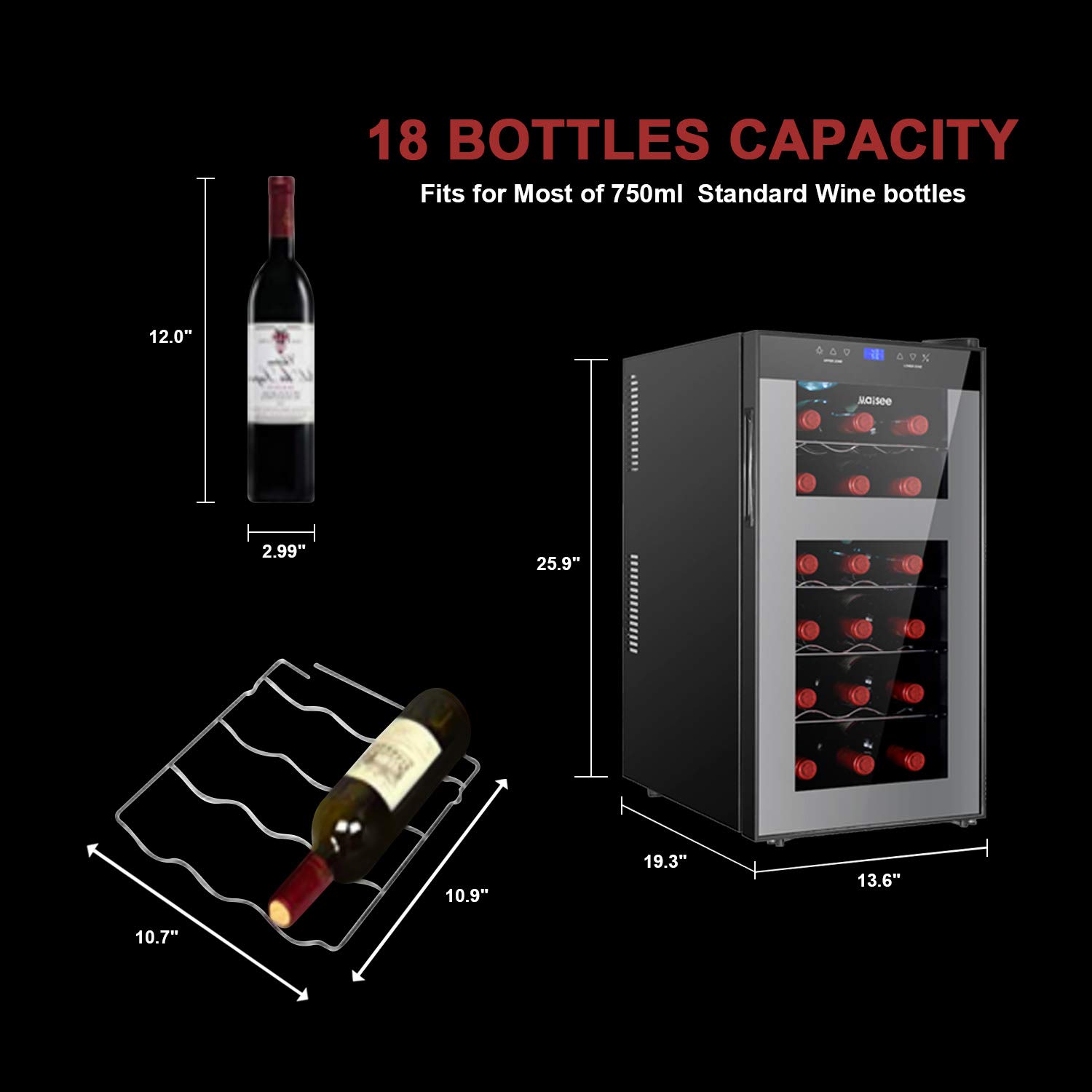 18 Bottle Dual Zone Wine Cooler Refrigerator - 46°F-54°F Upper Zone & 54°F-65°F Lower Zone for Red, White Wine & Champagne Storage - Compact Wine Fridge for Home, Office, Bedroom or Countertop (Black) - Perfect for Entertaining, Wine Collecting & Temperature-Sensitive Beverage Preservation