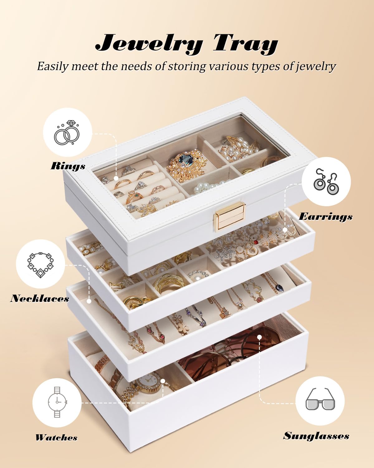 Homde Stackable Jewelry Organizer Box with Glass Lid & Removable Dividers - White Jewelry Tray for Necklaces, Rings, Earrings - Perfect Vanity Table Storage & Gift for Women and Girls