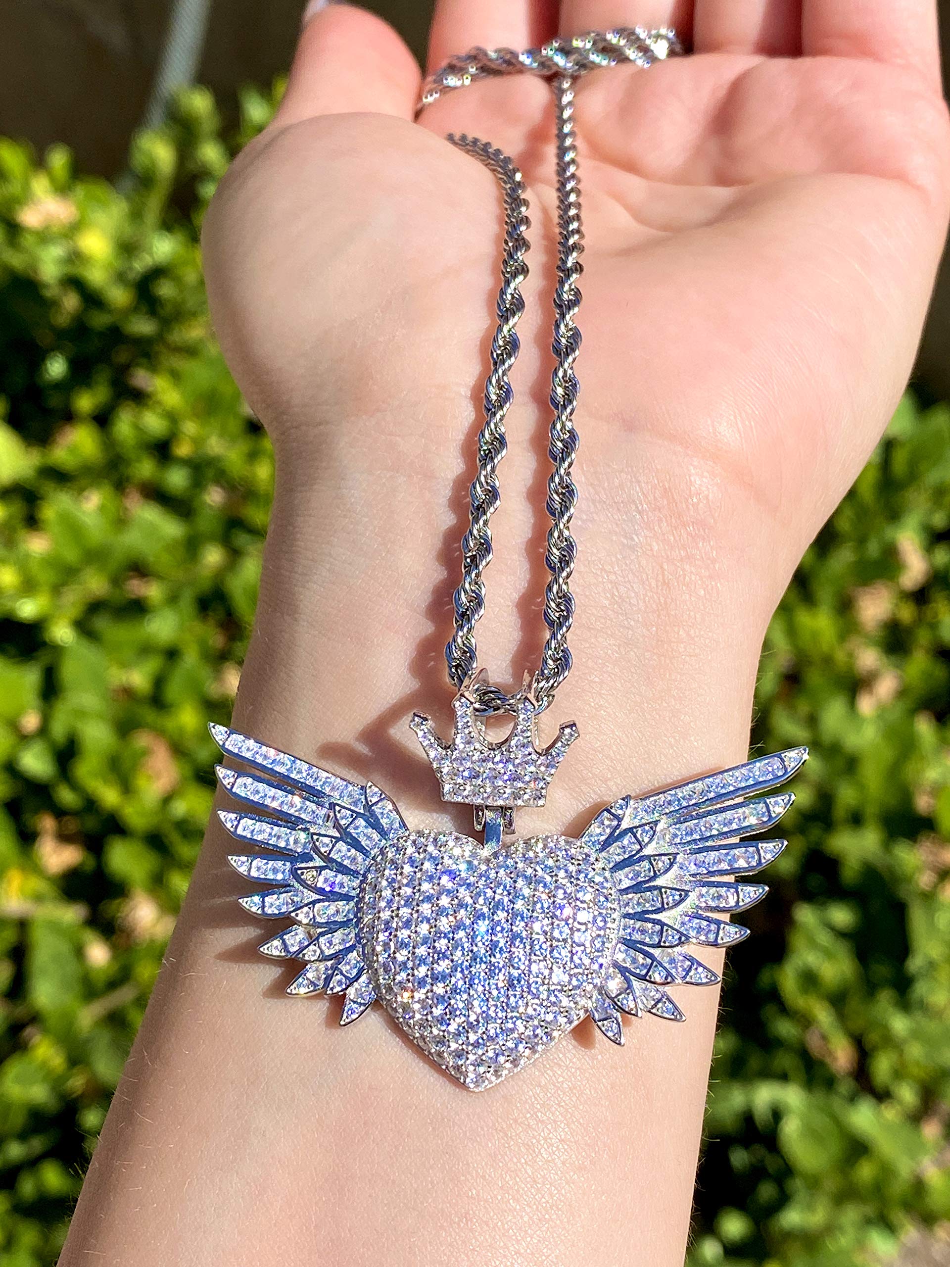 925 Sterling Silver Angel Heart Pendant Necklace for Men & Women - Italian White Gold Finish Iced Out Charm with 3mm Stainless Steel Rope Chain (16