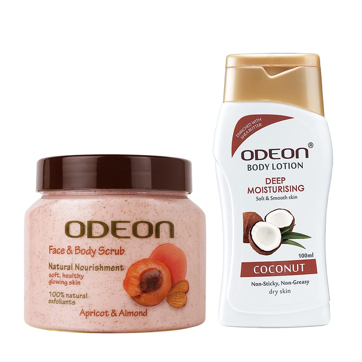 FREE ODEON Deep Moisturizing Coconut Body Lotion 100ml & Apricot Almond Face Body Scrub 300ml Set - Hydrating Skincare Combo for Dry Skin, Perfect for Daily Moisturizing and Exfoliating Routine