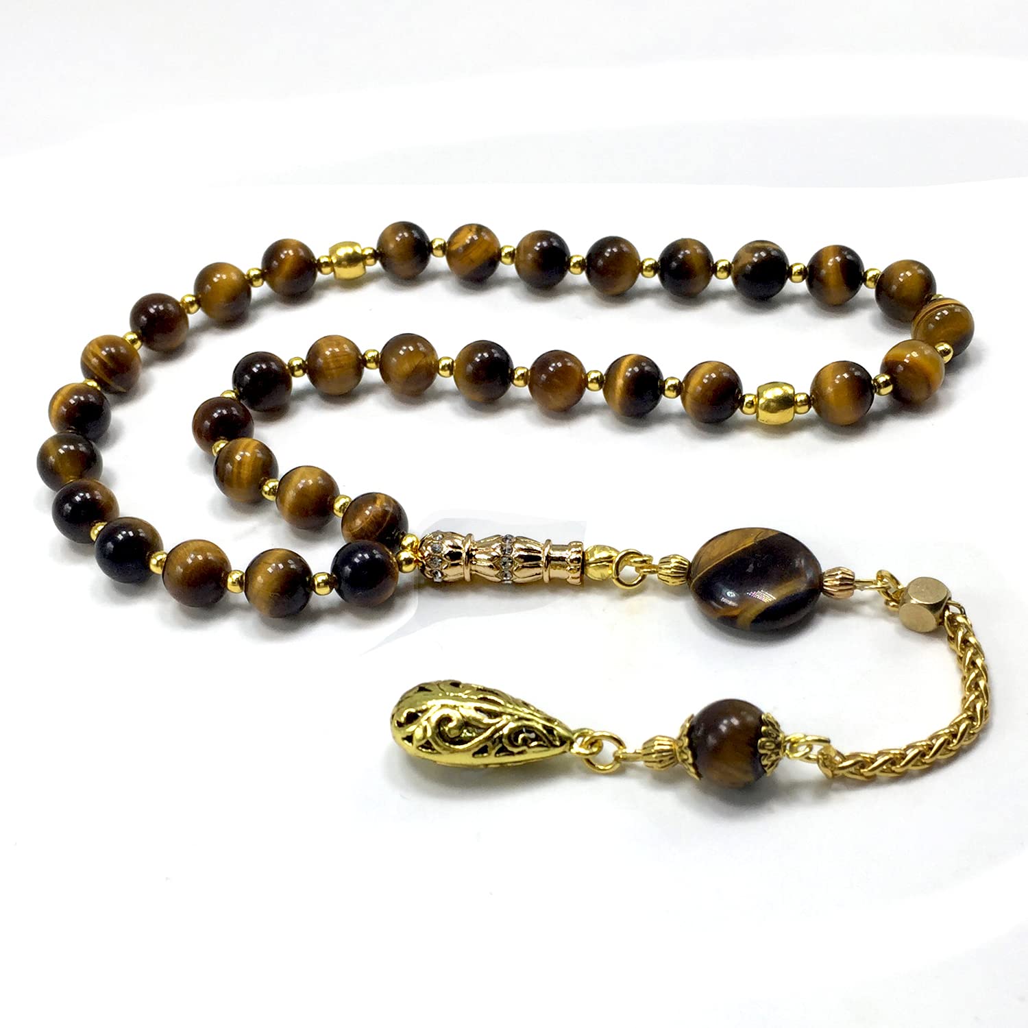 Tiger Eye Stone Worry Beads - 8mm Prayer Beads with Gold Tassel - 33 Beads Tasbih, Misbaha, Rosary for Stress Relief, Meditation & Spiritual Practice - Perfect for Anxiety Relief, Mindfulness & Gift Giving