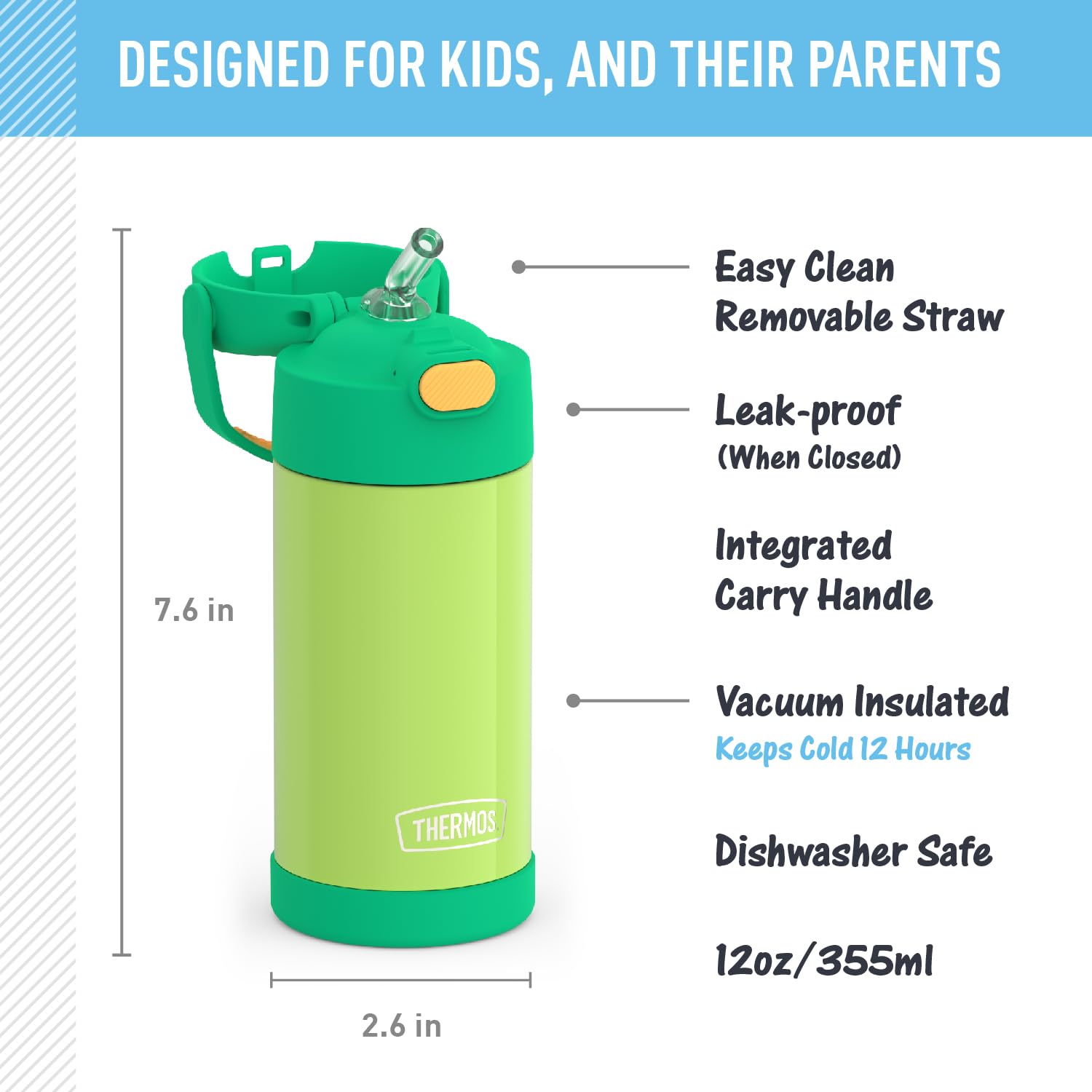 Thermos Funtainer 12oz Kids Stainless Steel Vacuum Insulated Water Bottle with Straw & Leak-Proof Lid - Lime & Orange Color - Perfect for School, Sports & Outdoor Activities