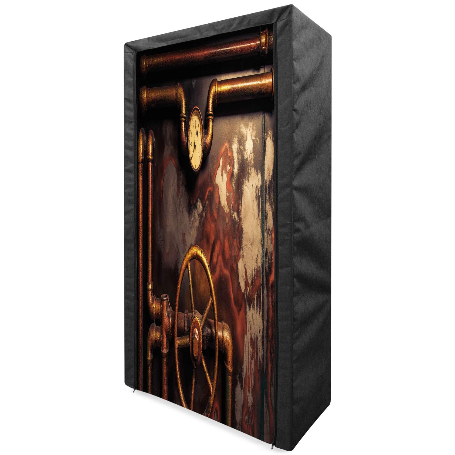 Ambesonne Industrial Vintage Style Fabric Wardrobe - Portable Clothing Organizer with Shelves, 33.5 Inch Dark Orange Storage Closet | Steam & Pressure Gauge Design for Bedroom, Dorm, or Apartment Organization